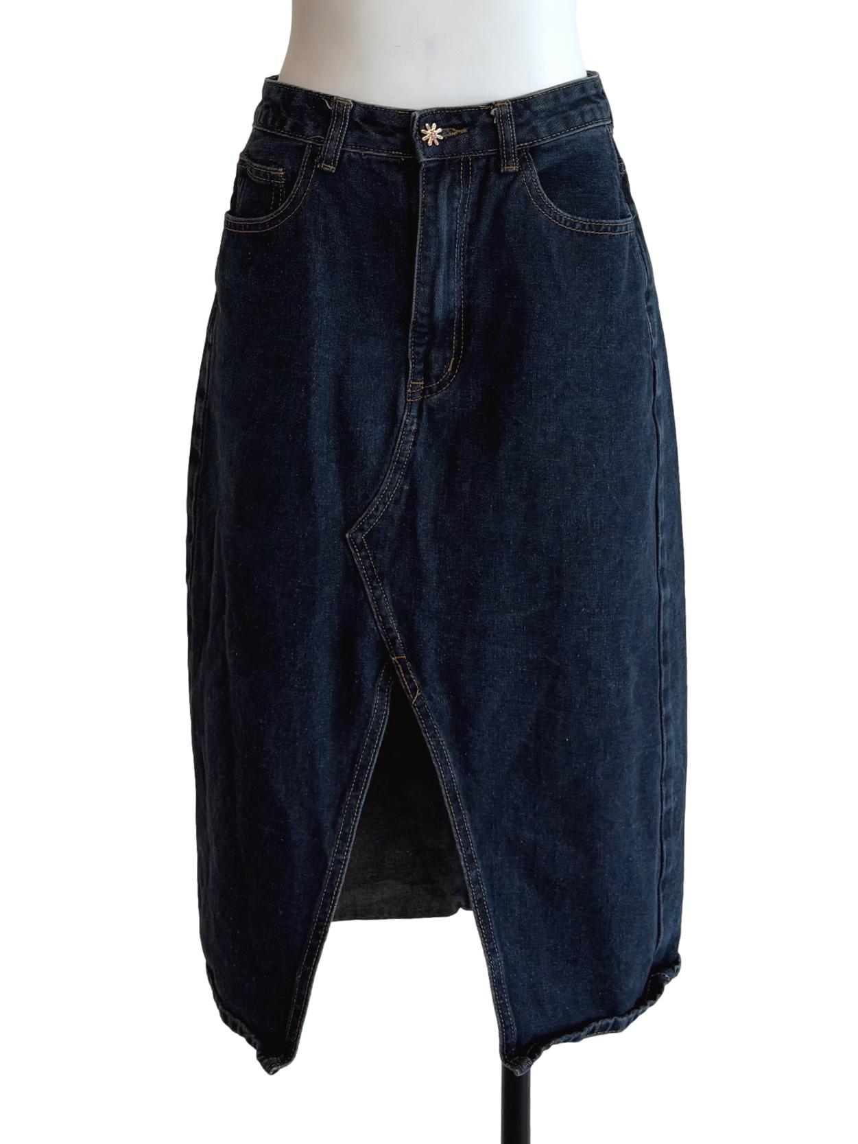 Dark Blue Midi Denim Slit Skirt