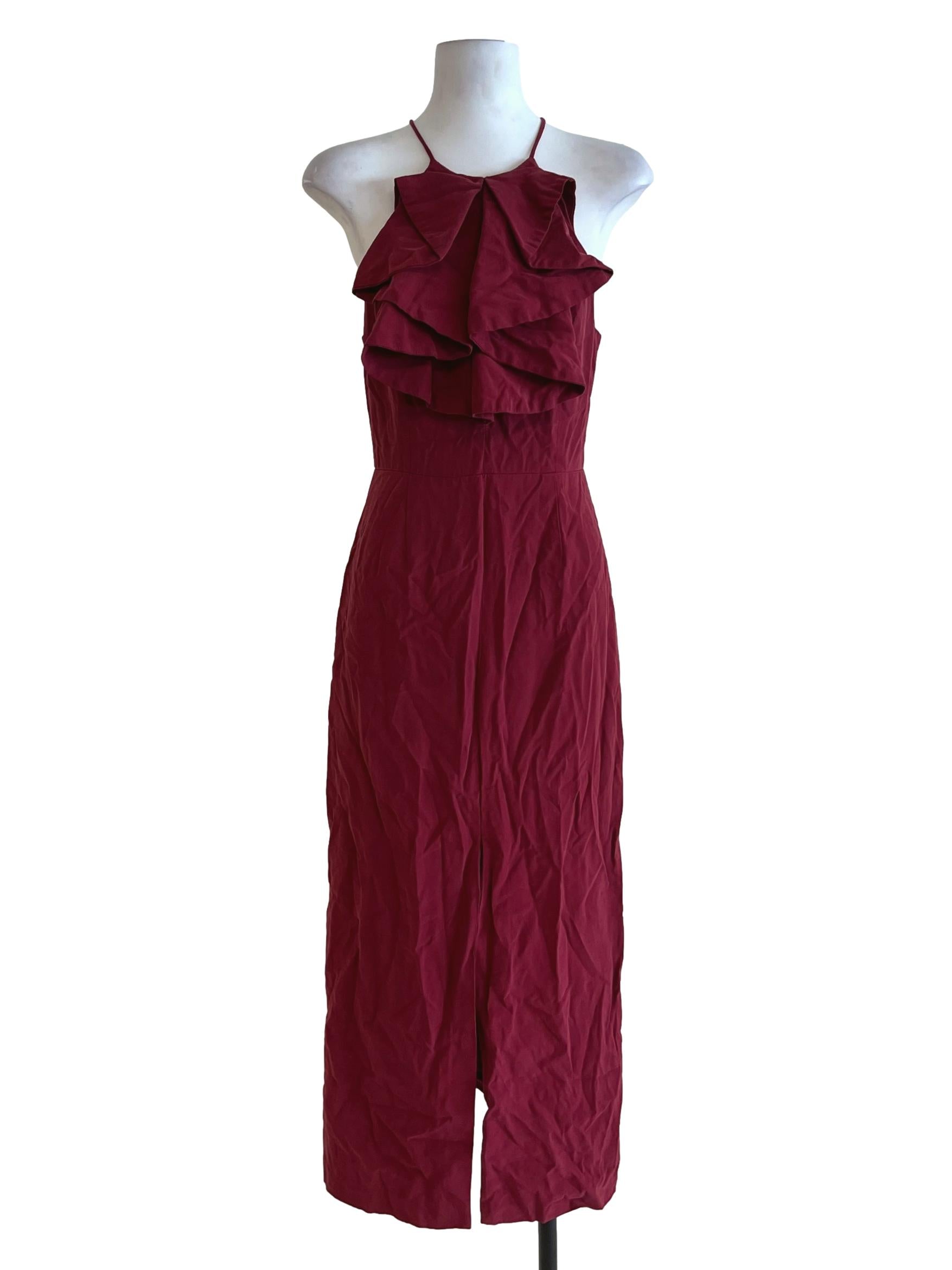 Brick Red Ruffle Neckline A-Line Dress