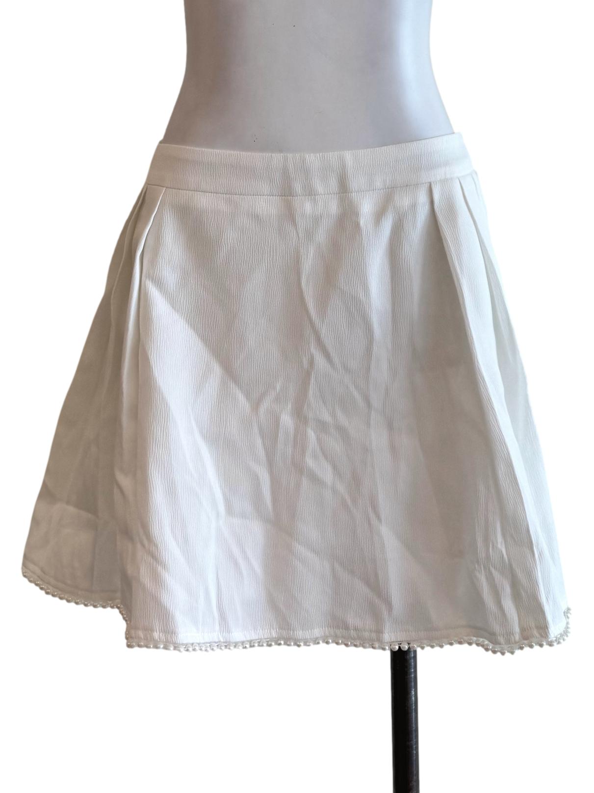 Textured White With Pearls Mini Skirt