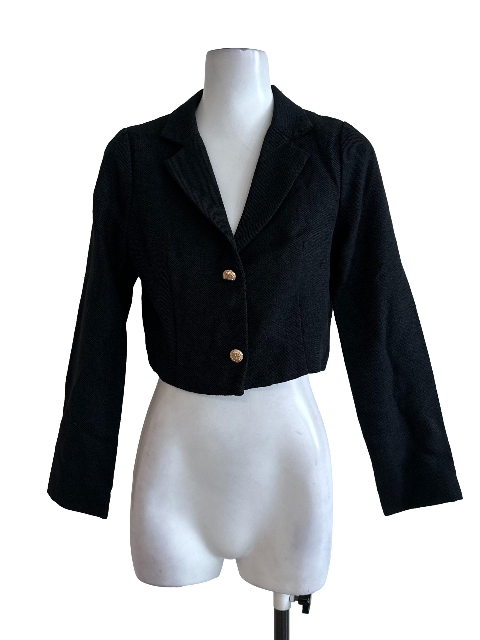 Raven Black Textured Button Crop Blazer