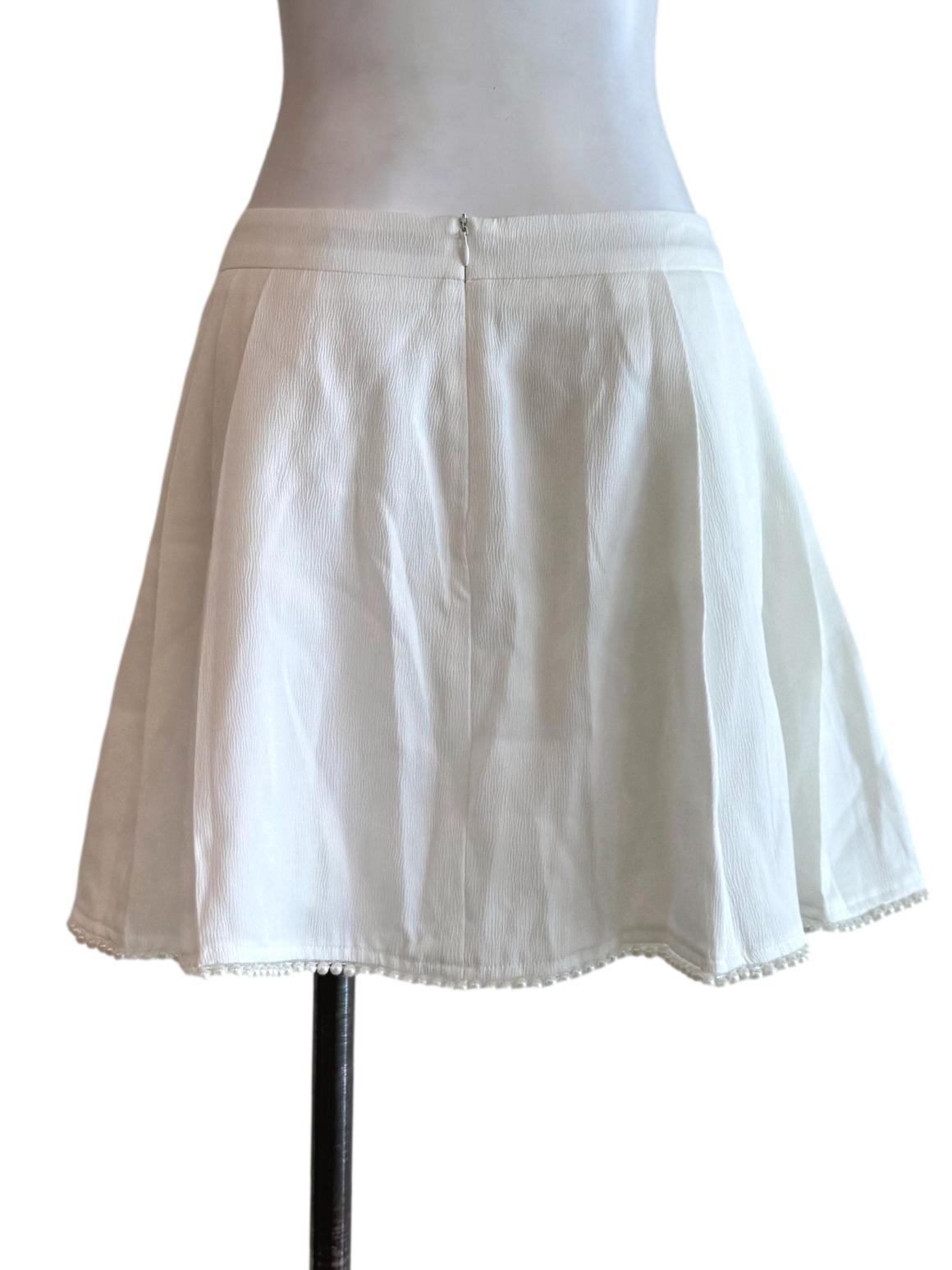 Textured White With Pearls Mini Skirt