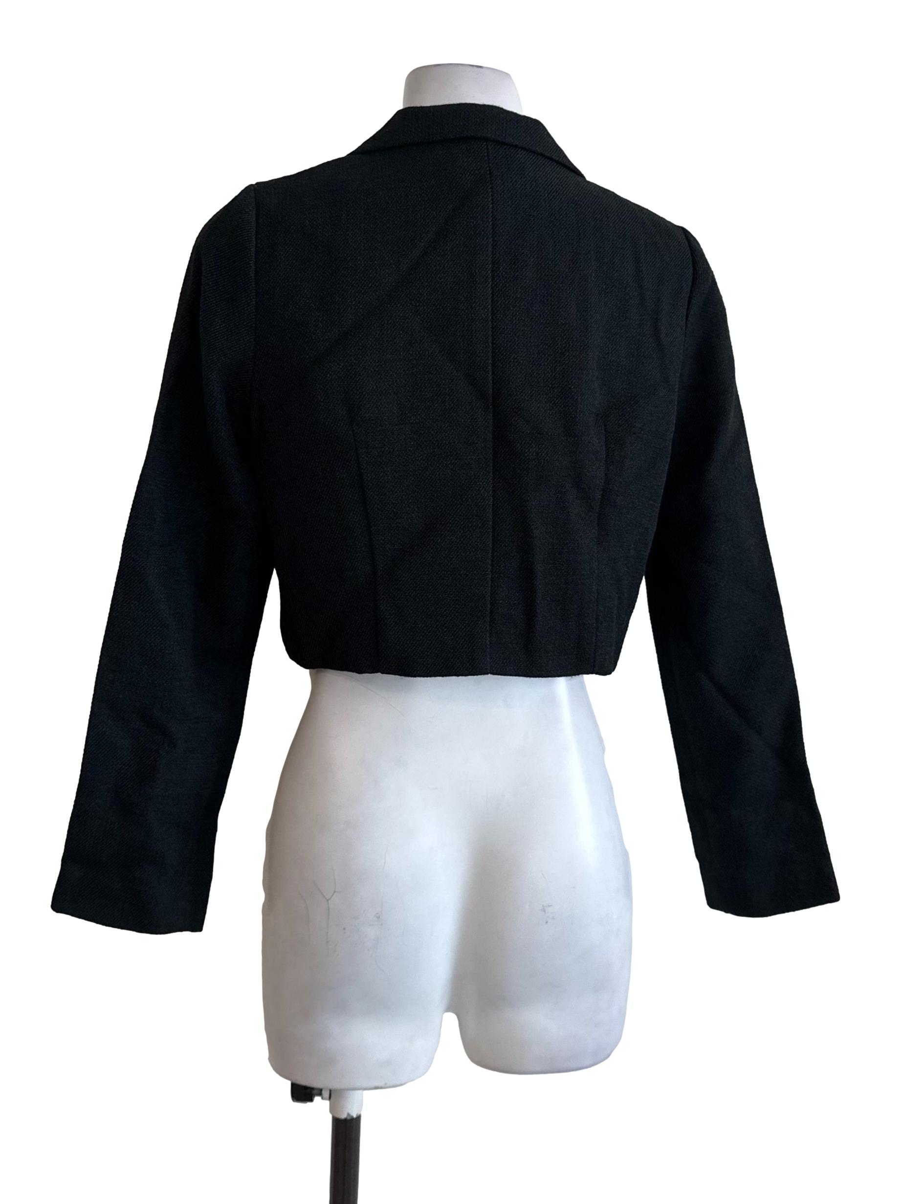 Raven Black Textured Button Crop Blazer