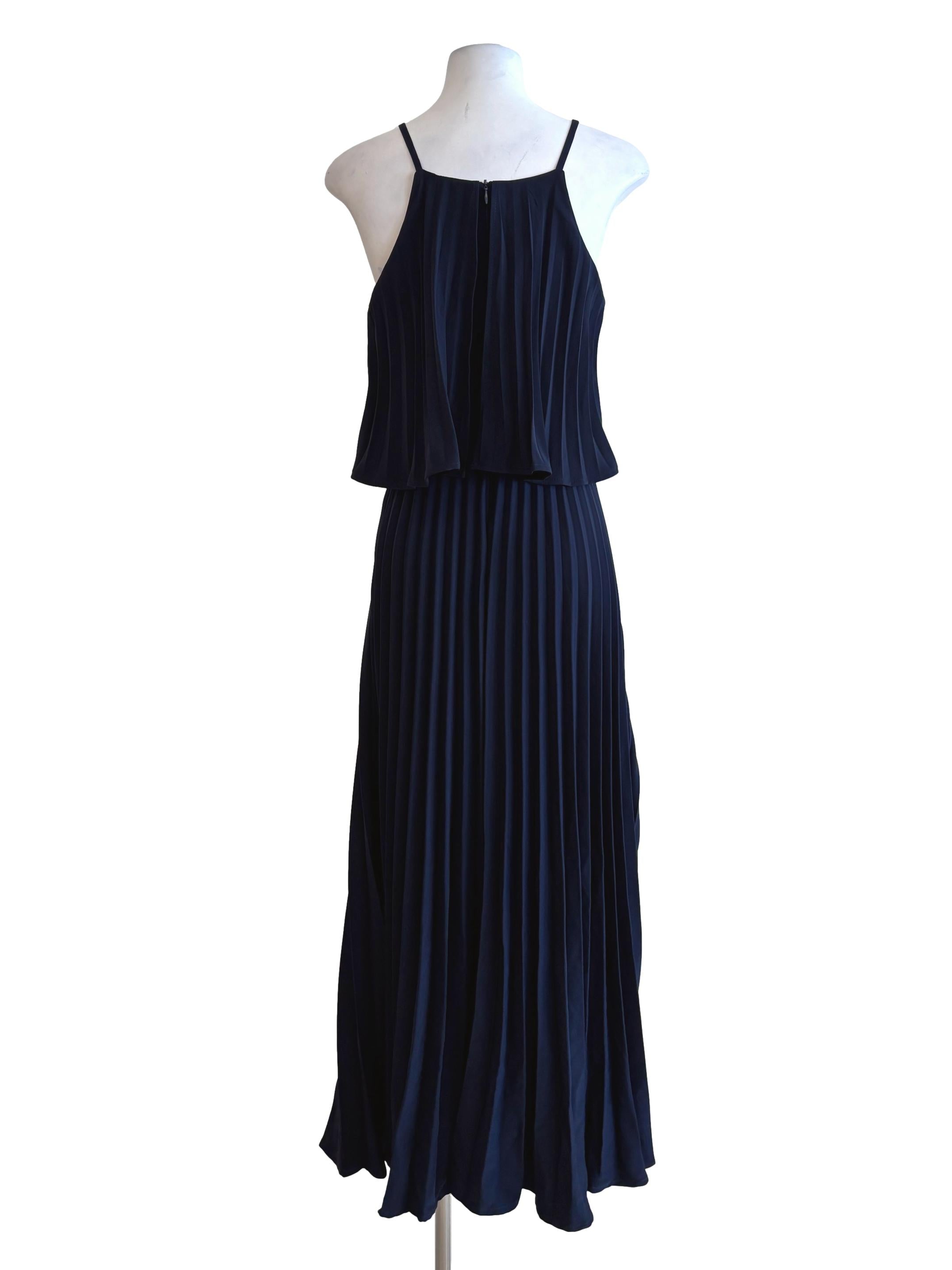 Navy Blue Apron Neck Pleated Drape Dress