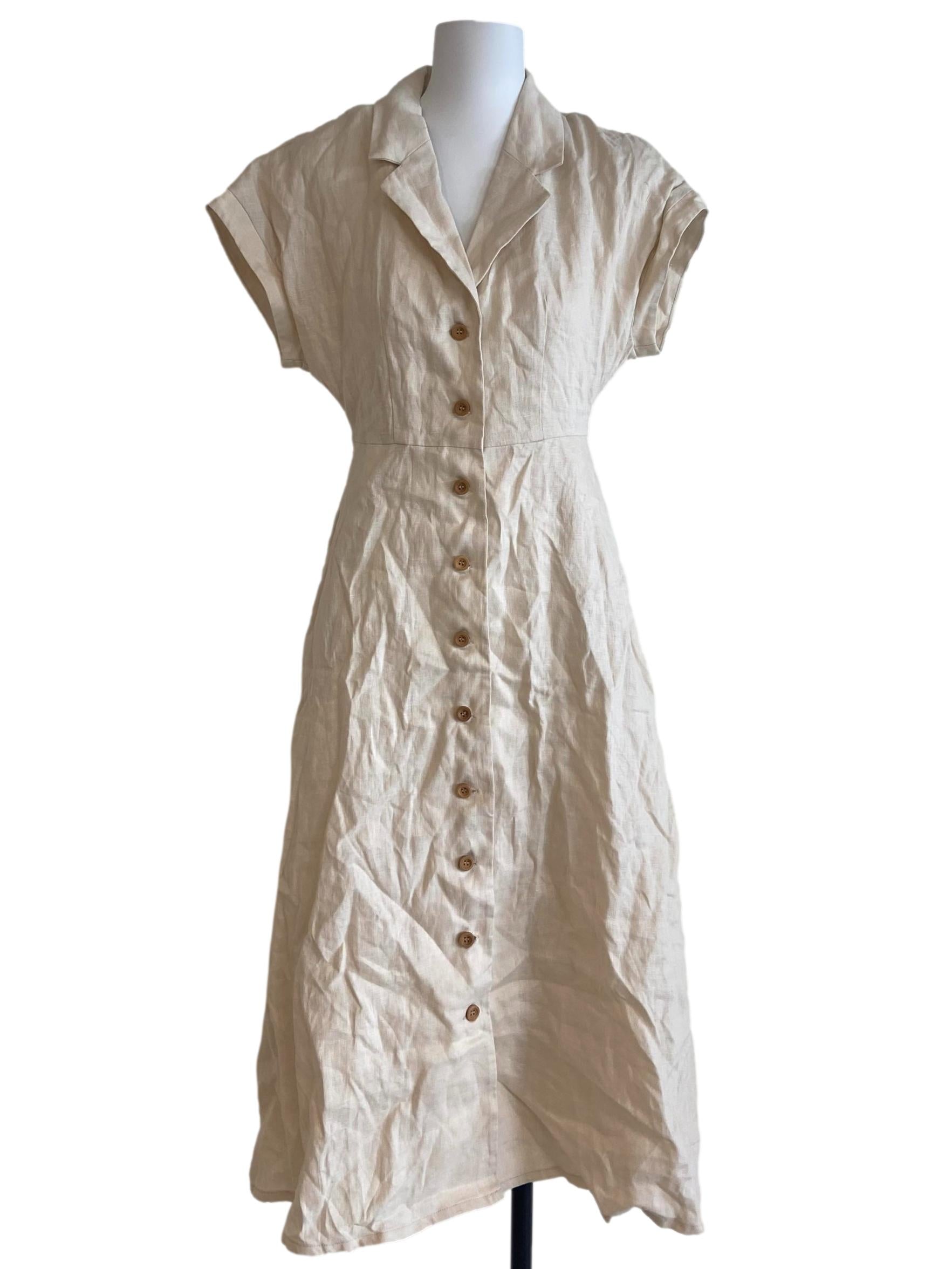 Beige Button-Down Classic Linen Collared Midi Dress OSN