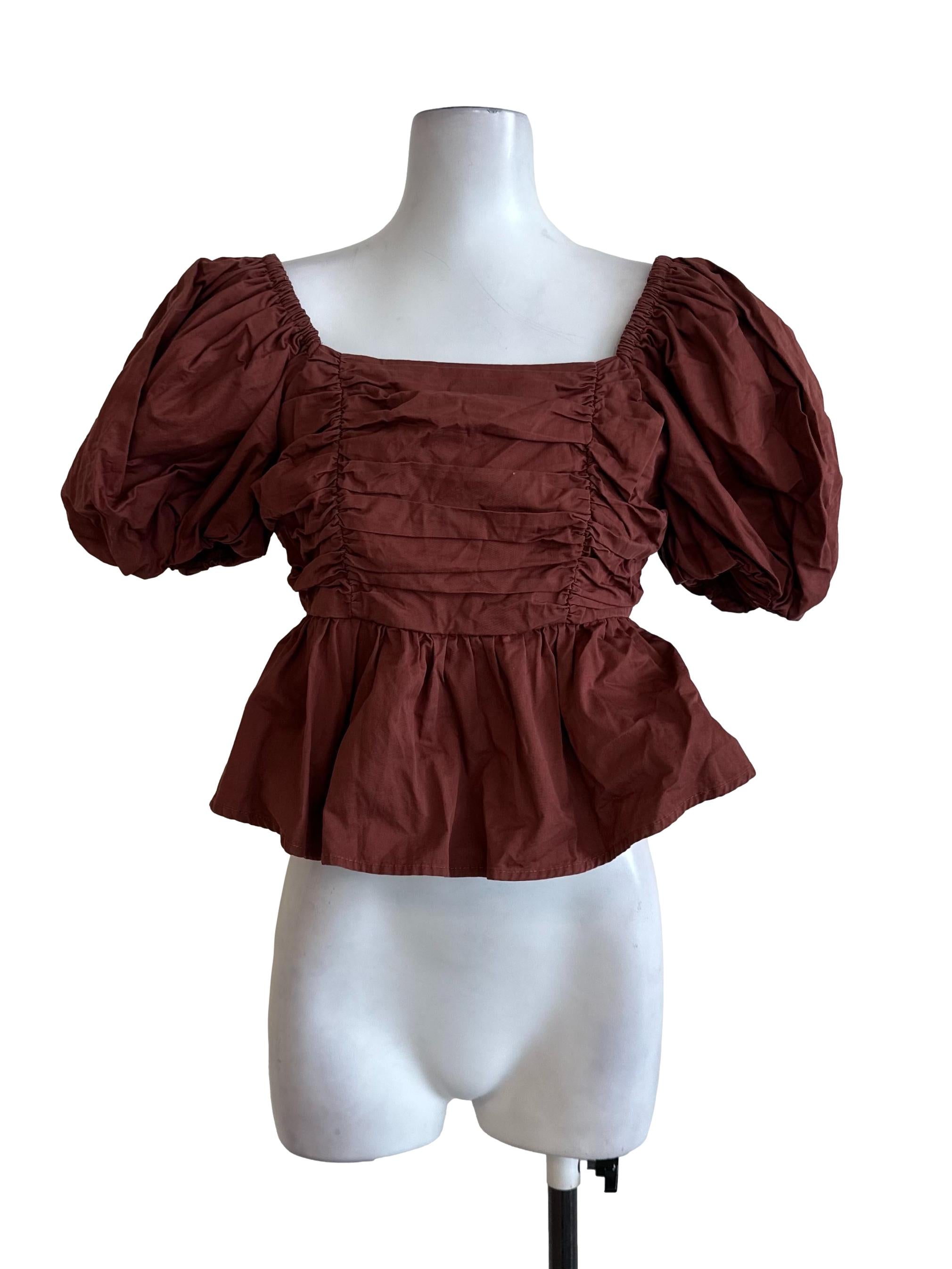 Brick Brown Square Neck Pleated Peplum Top