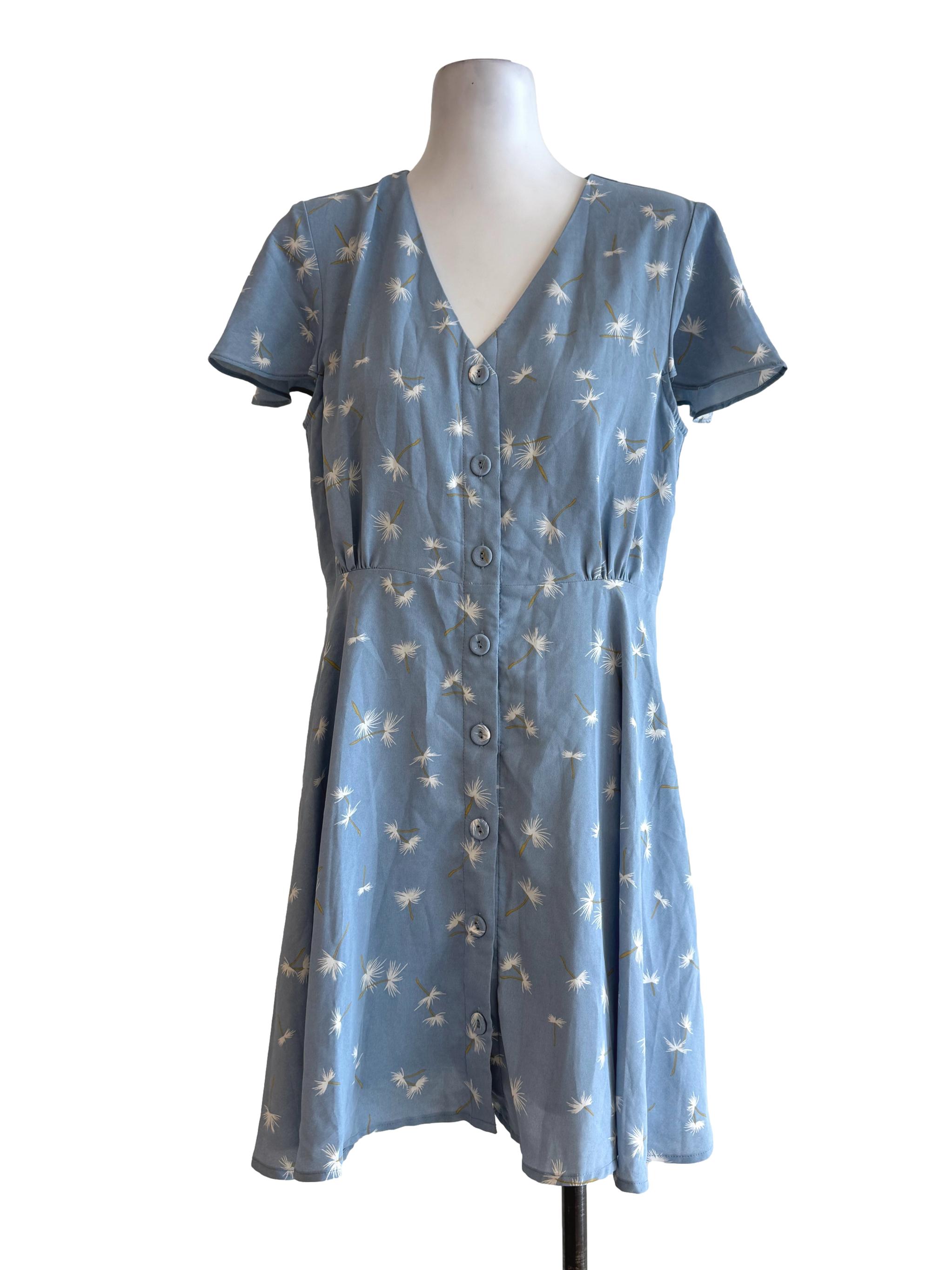 Pale Blue Prints V Neck Dress TTR