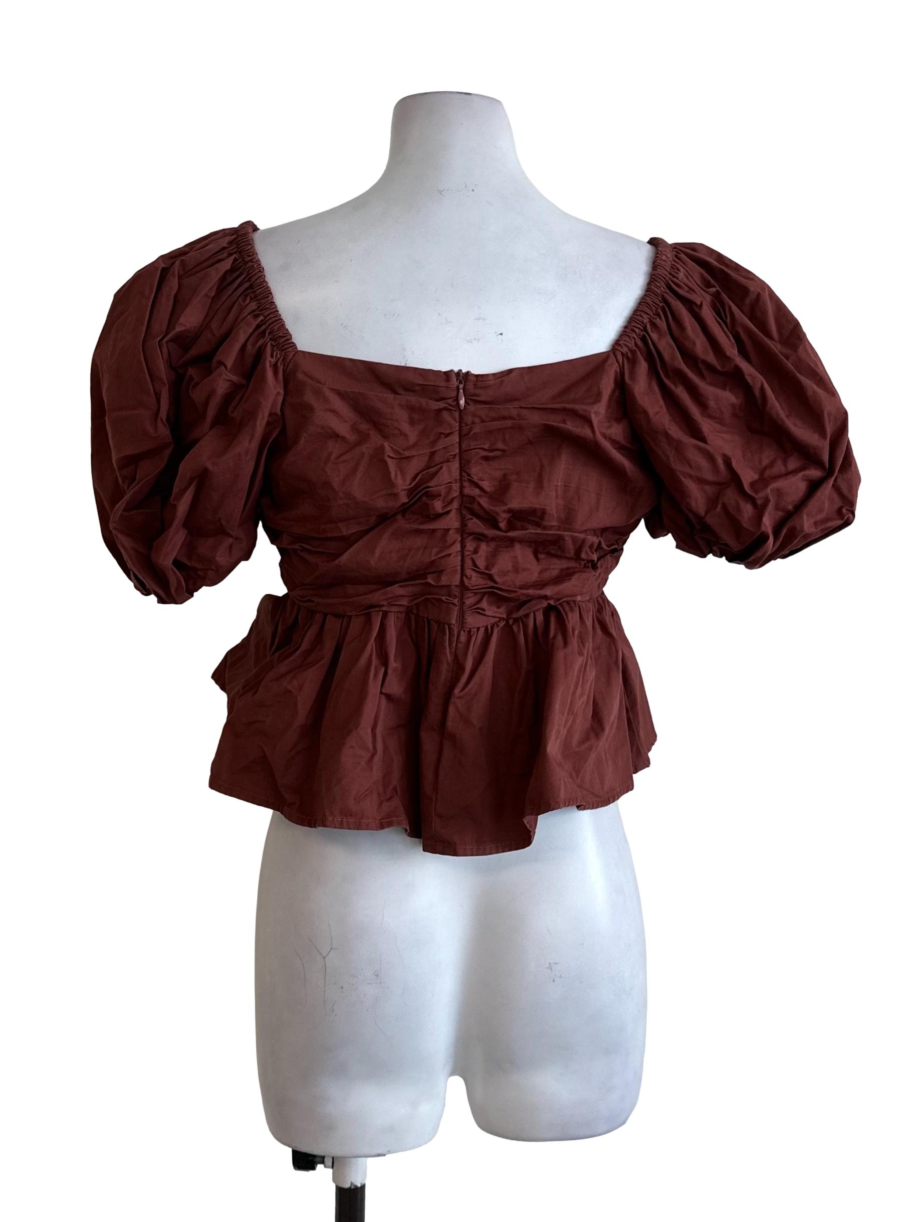 Brick Brown Square Neck Pleated Peplum Top