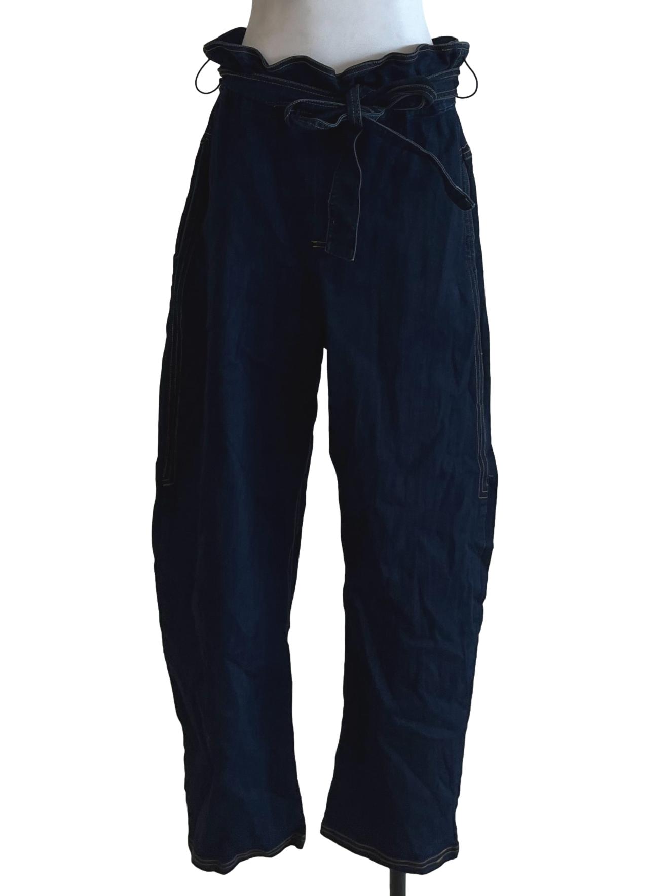 Dark Blue Denim Paperbag-waist Wide Leg Trousers