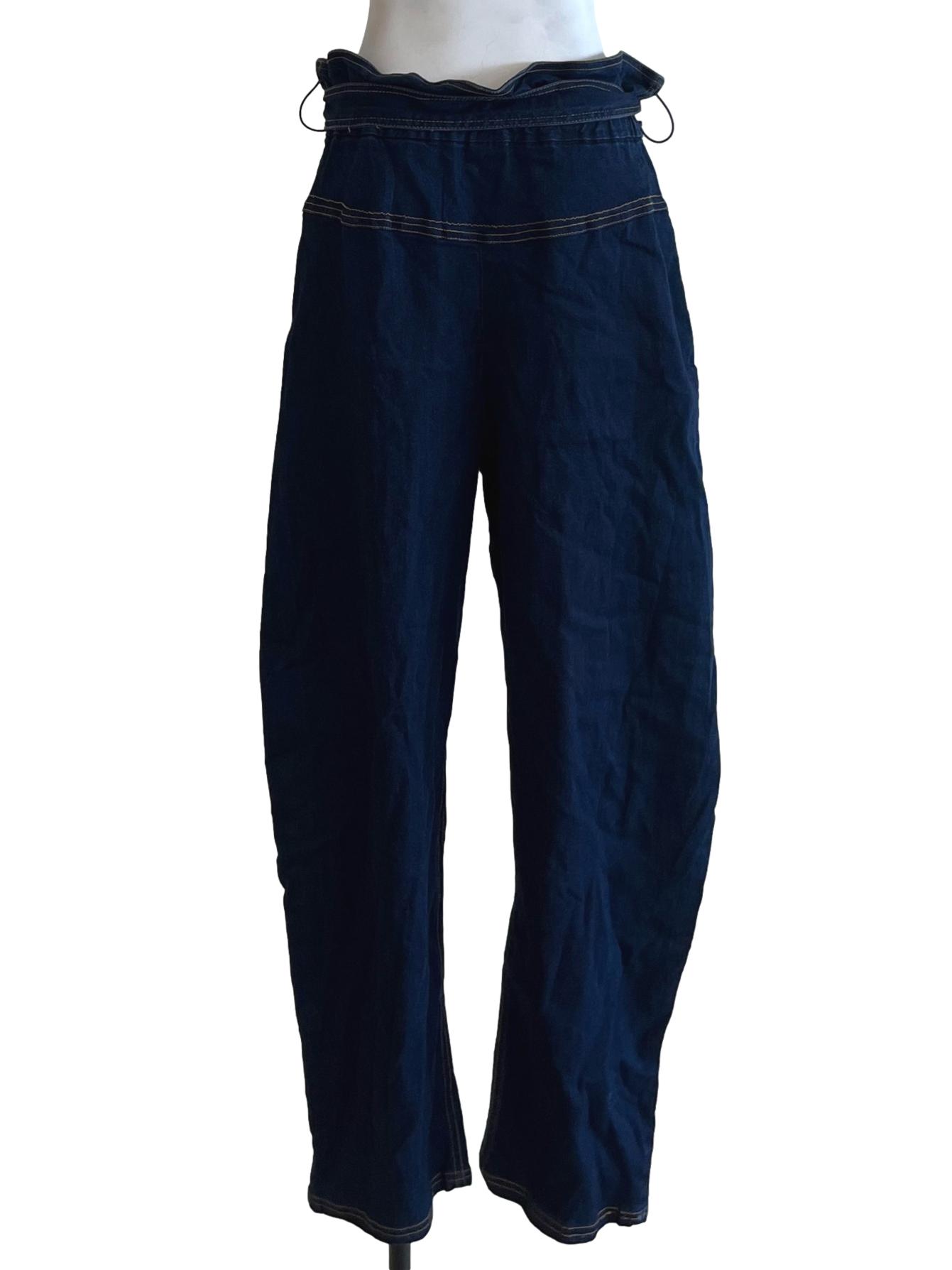 Dark Blue Denim Paperbag-waist Wide Leg Trousers