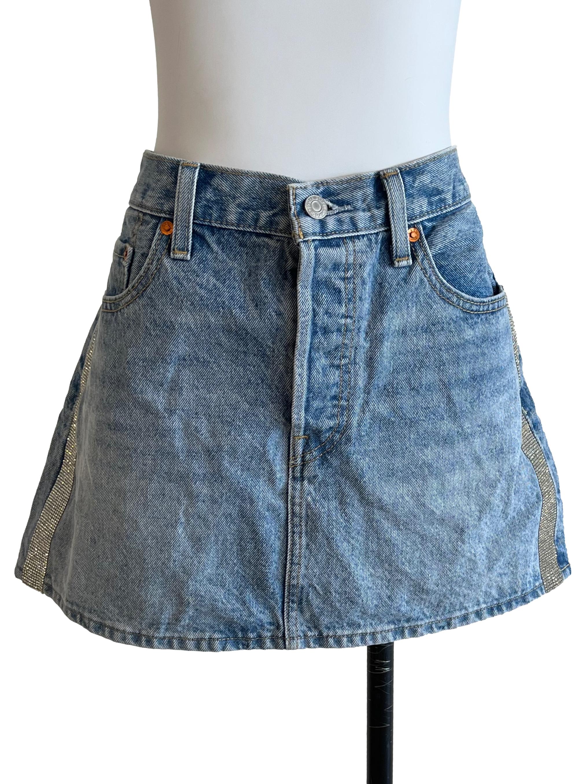 Blue Bedazzled Mini Skirt