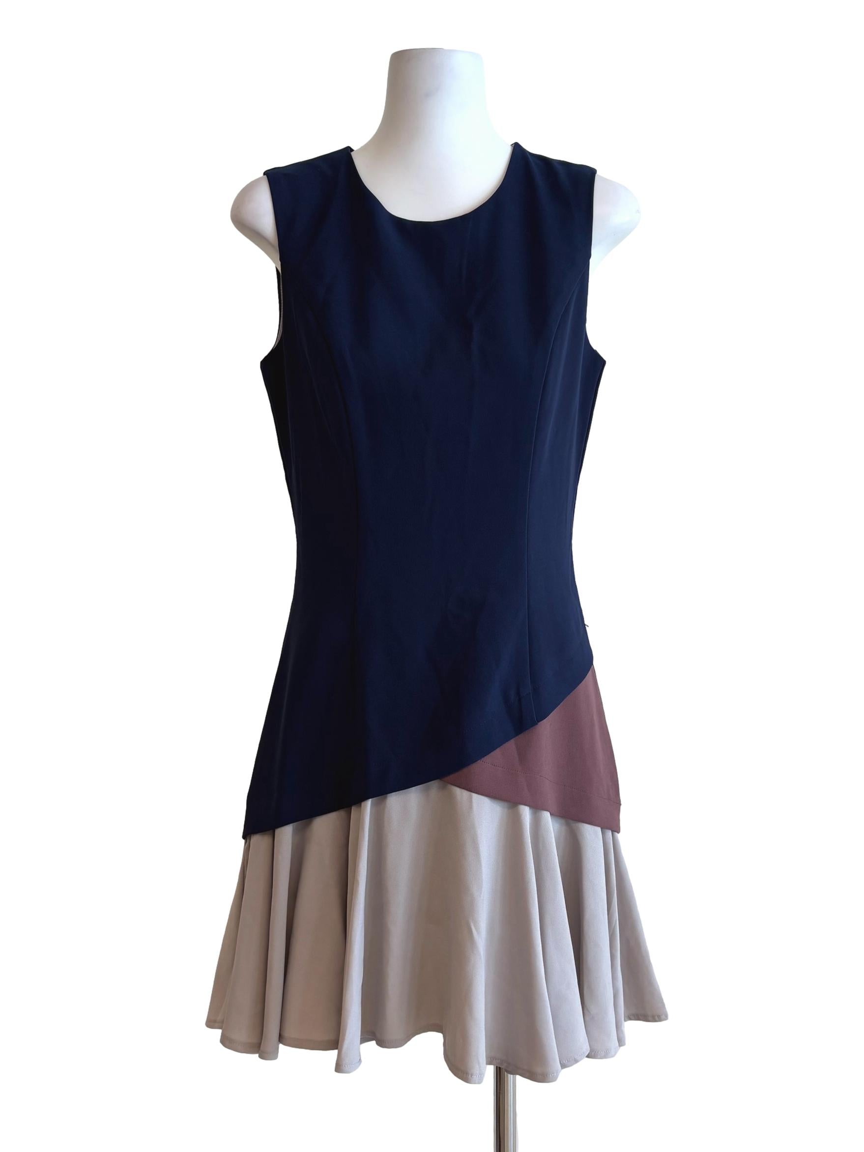 Navy Blue Grey Ruffle Sleeveless Dress