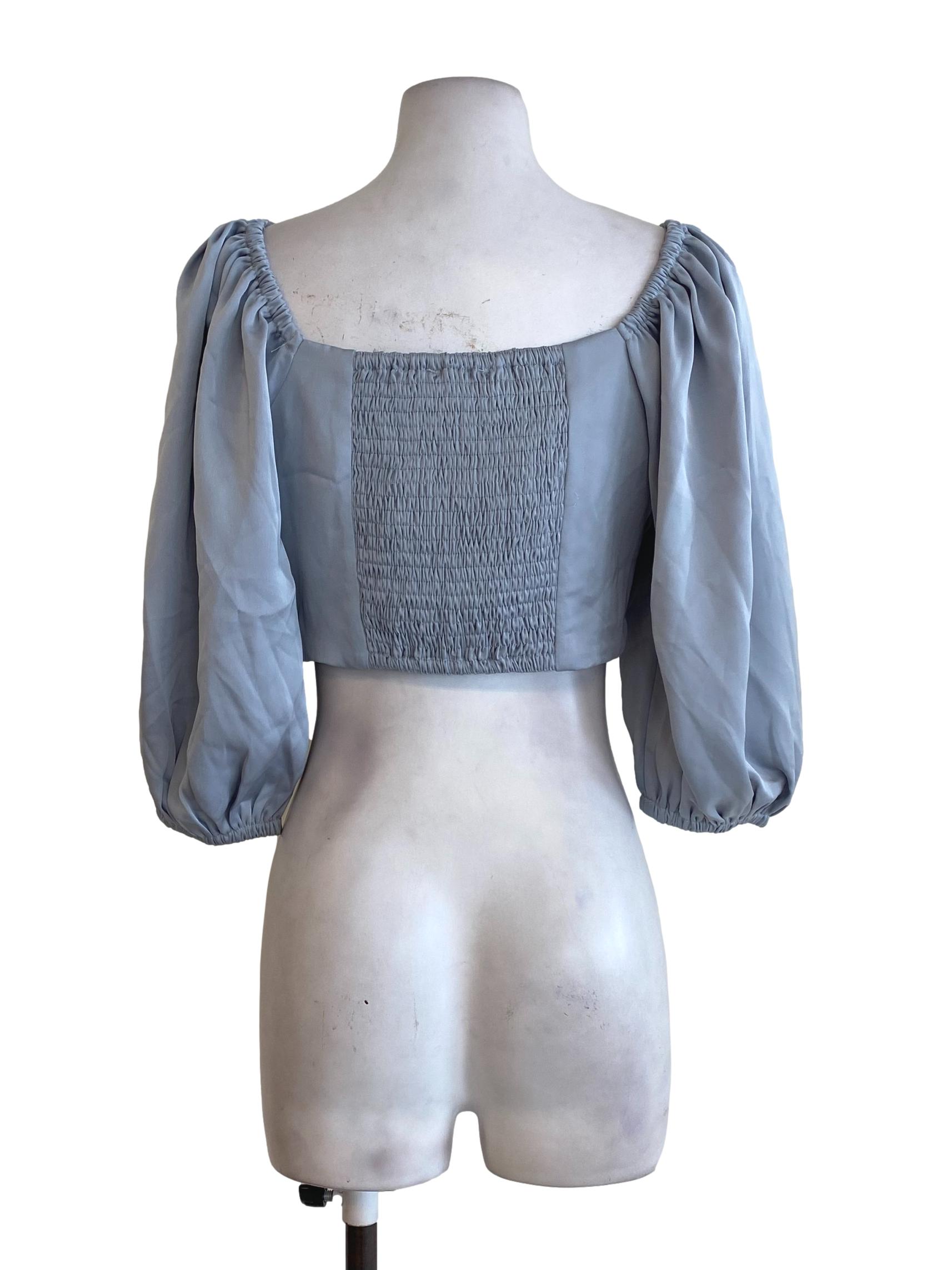 Blue Pleated V Neck Top