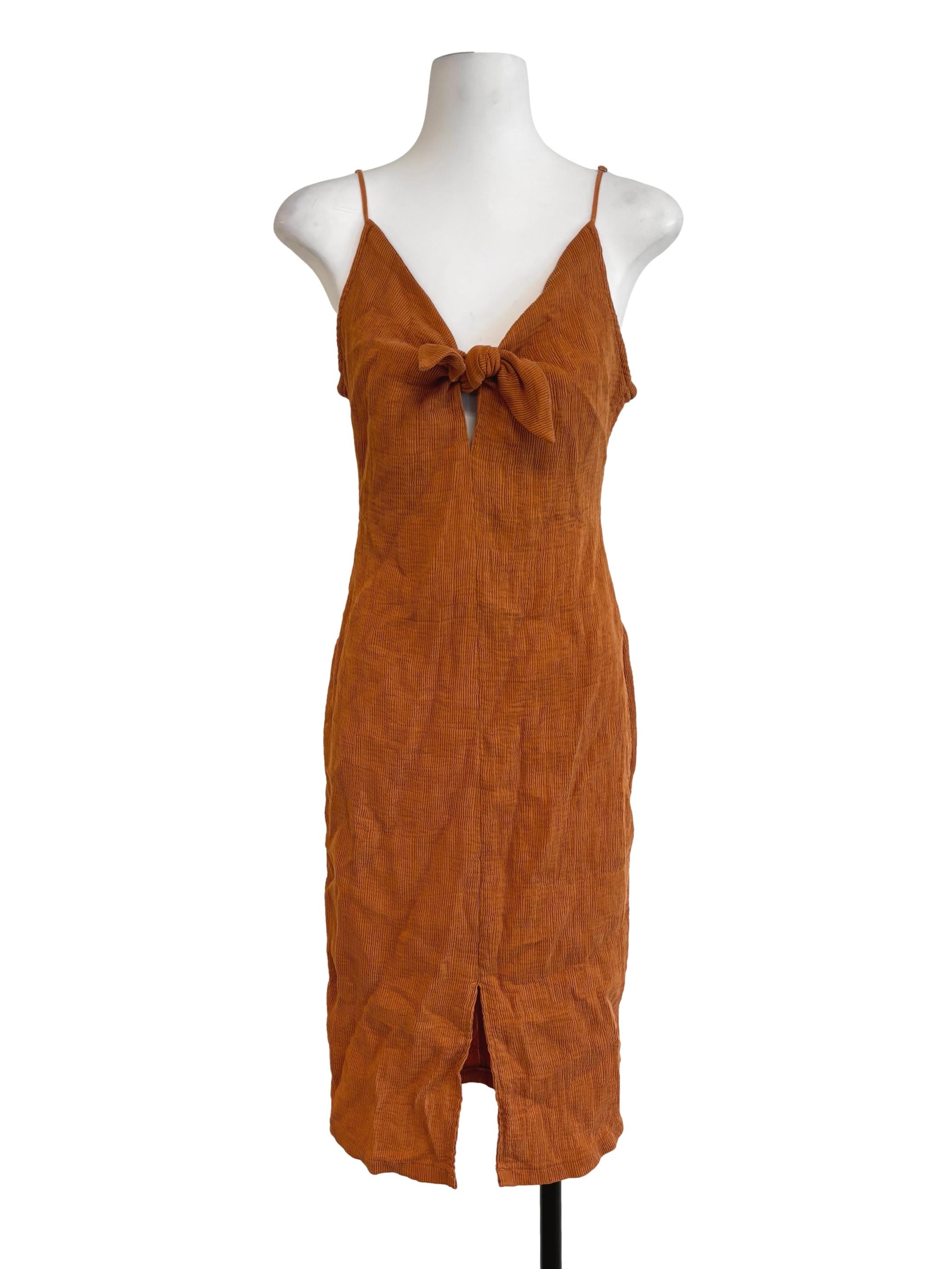Cinnamon Orange Front Tie Textured Dress