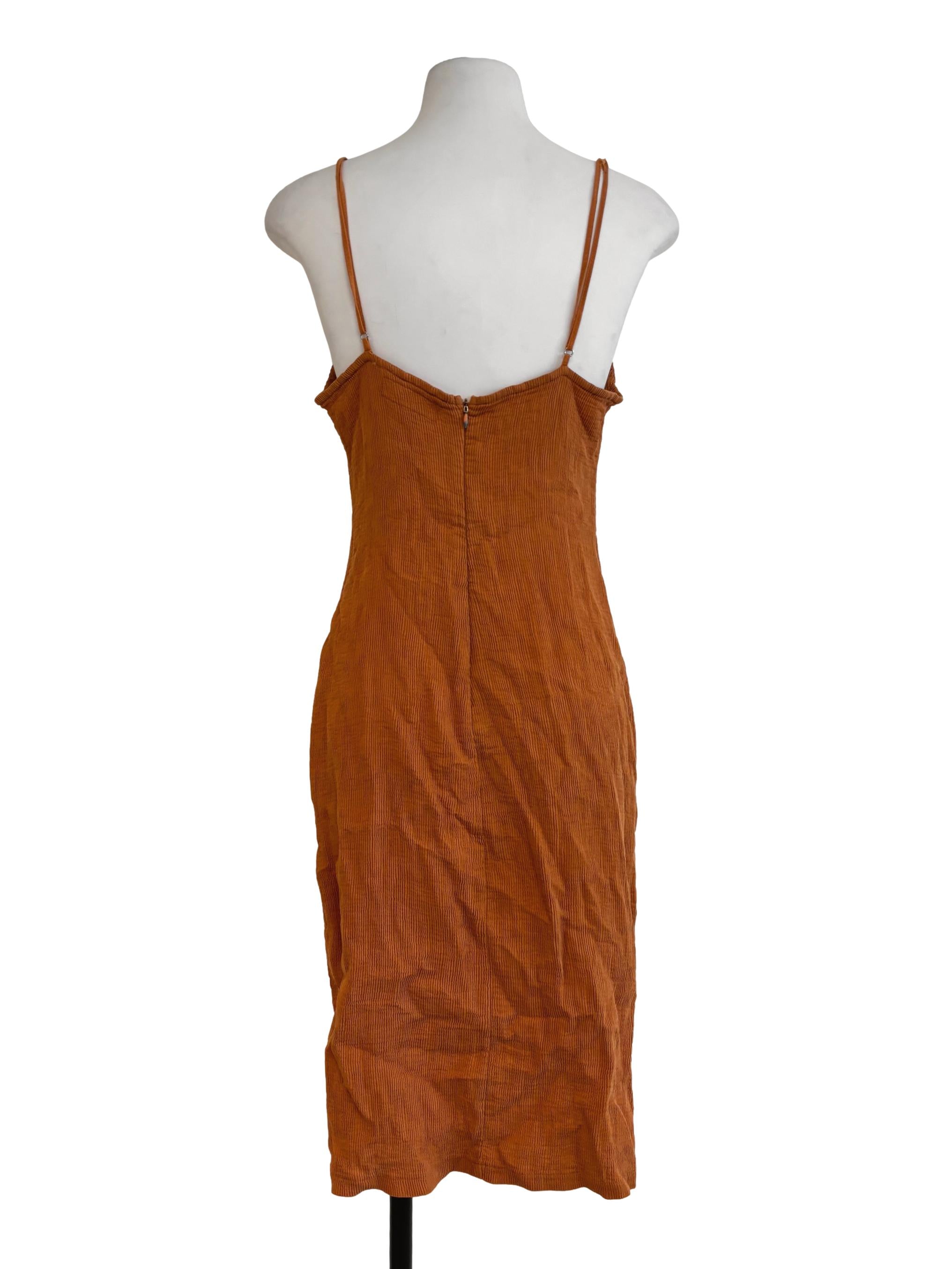 Cinnamon Orange Front Tie Textured Dress