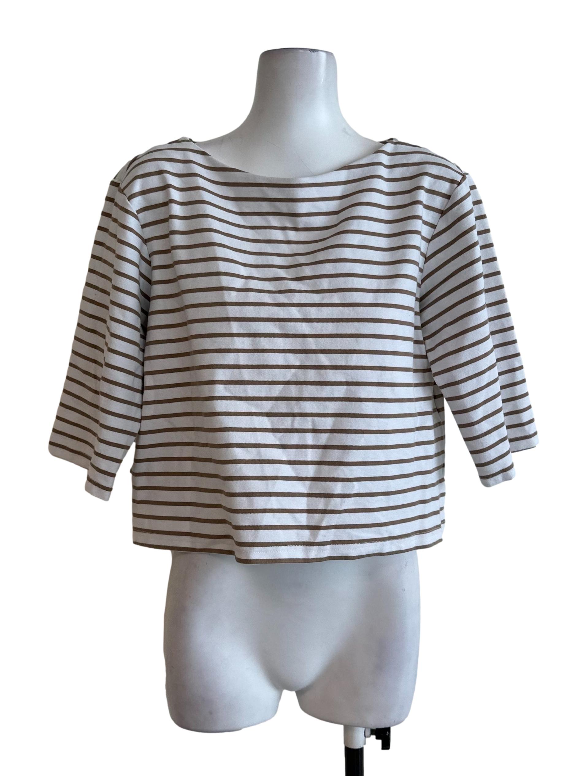 White Beige Stripe Pattern Top