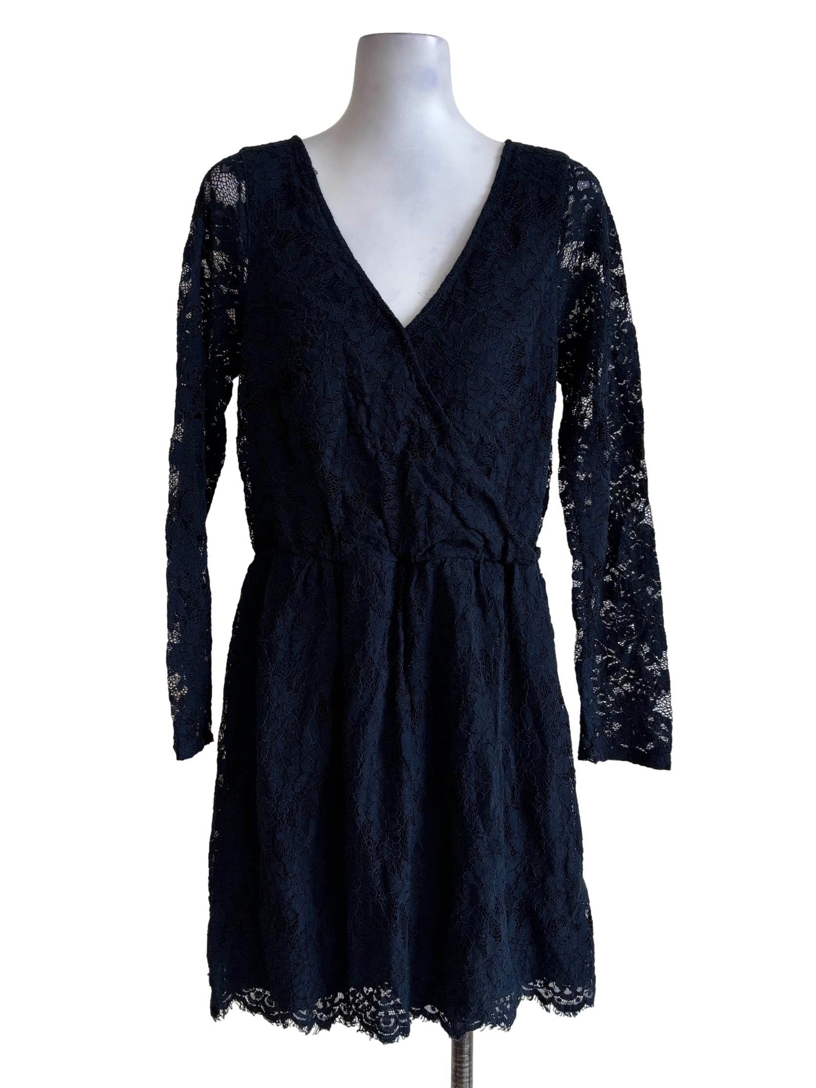Navy Blue Lacy Backless Longsleeve Dress
