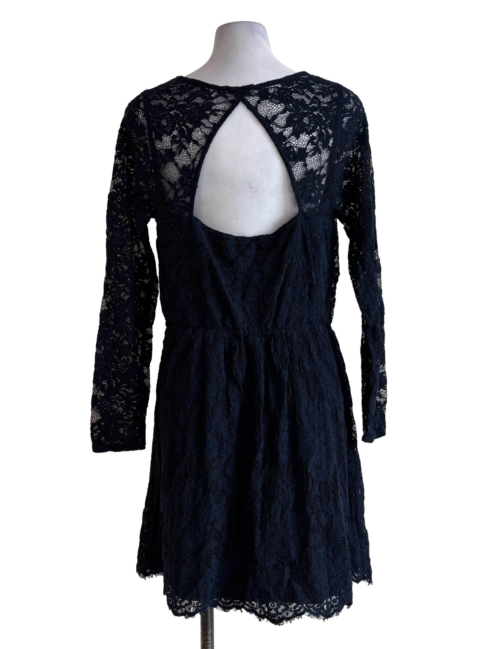 Navy Blue Lacy Backless Longsleeve Dress