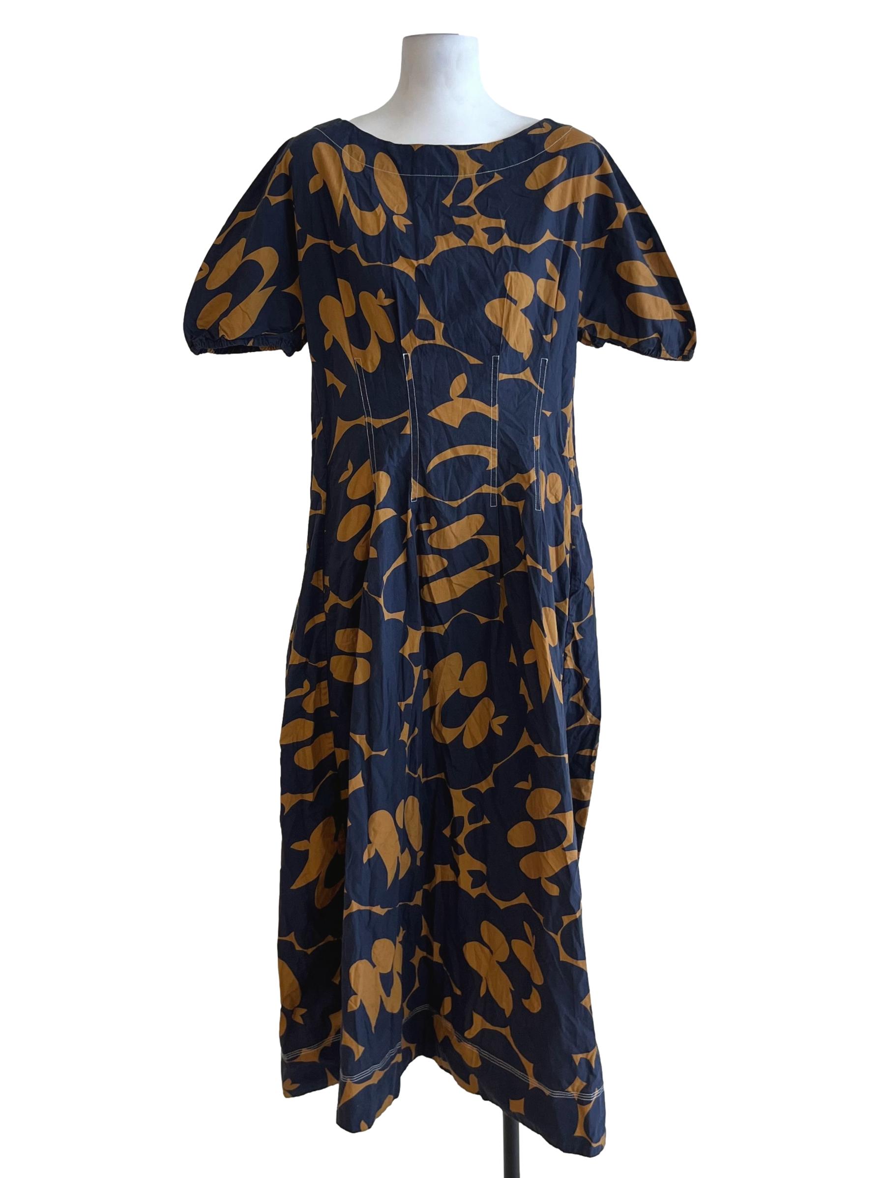 Navy Floral Sabrina Neckline Empire Dress