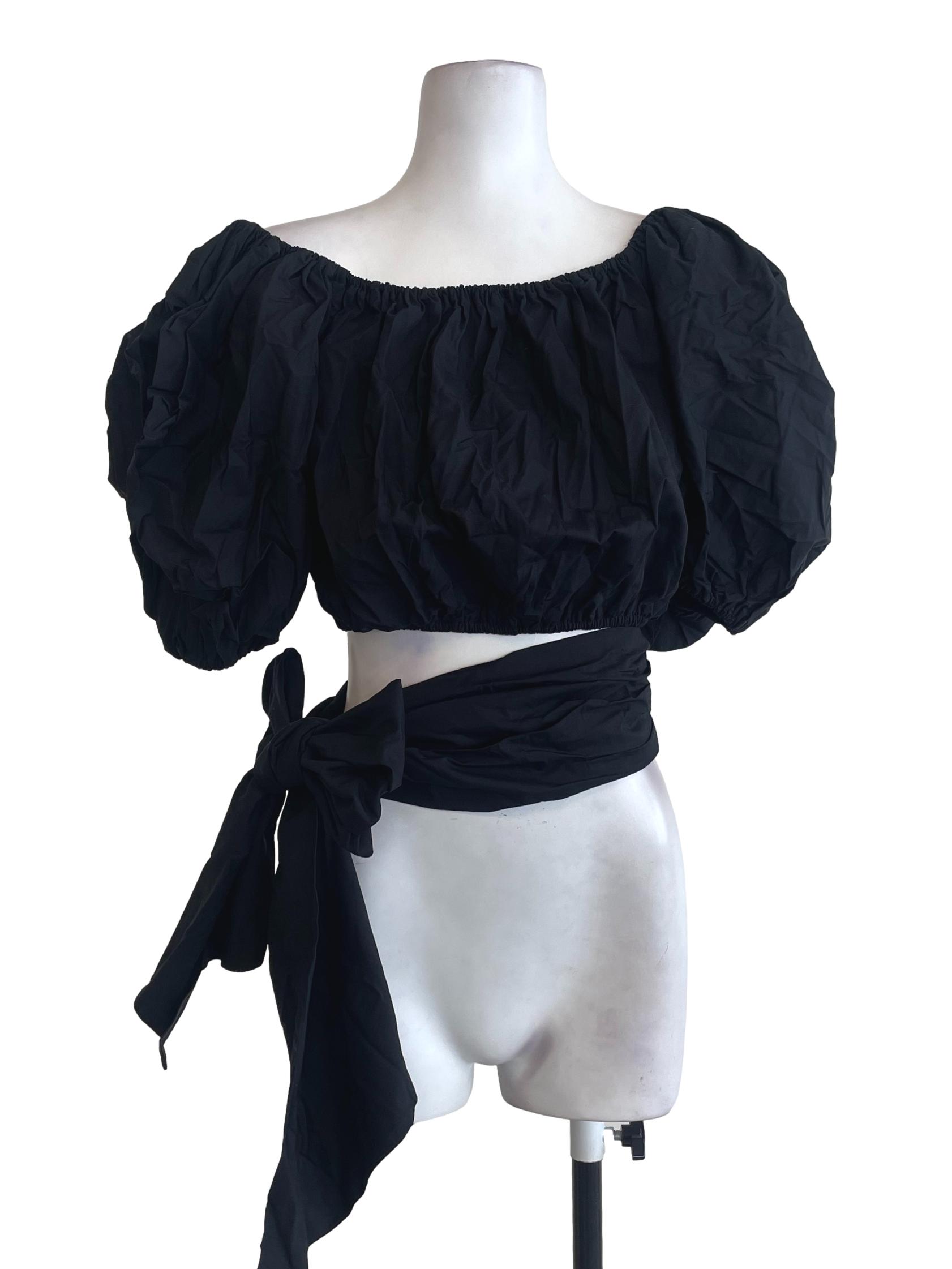 Black Bubble Waist Wrap Cropped Top