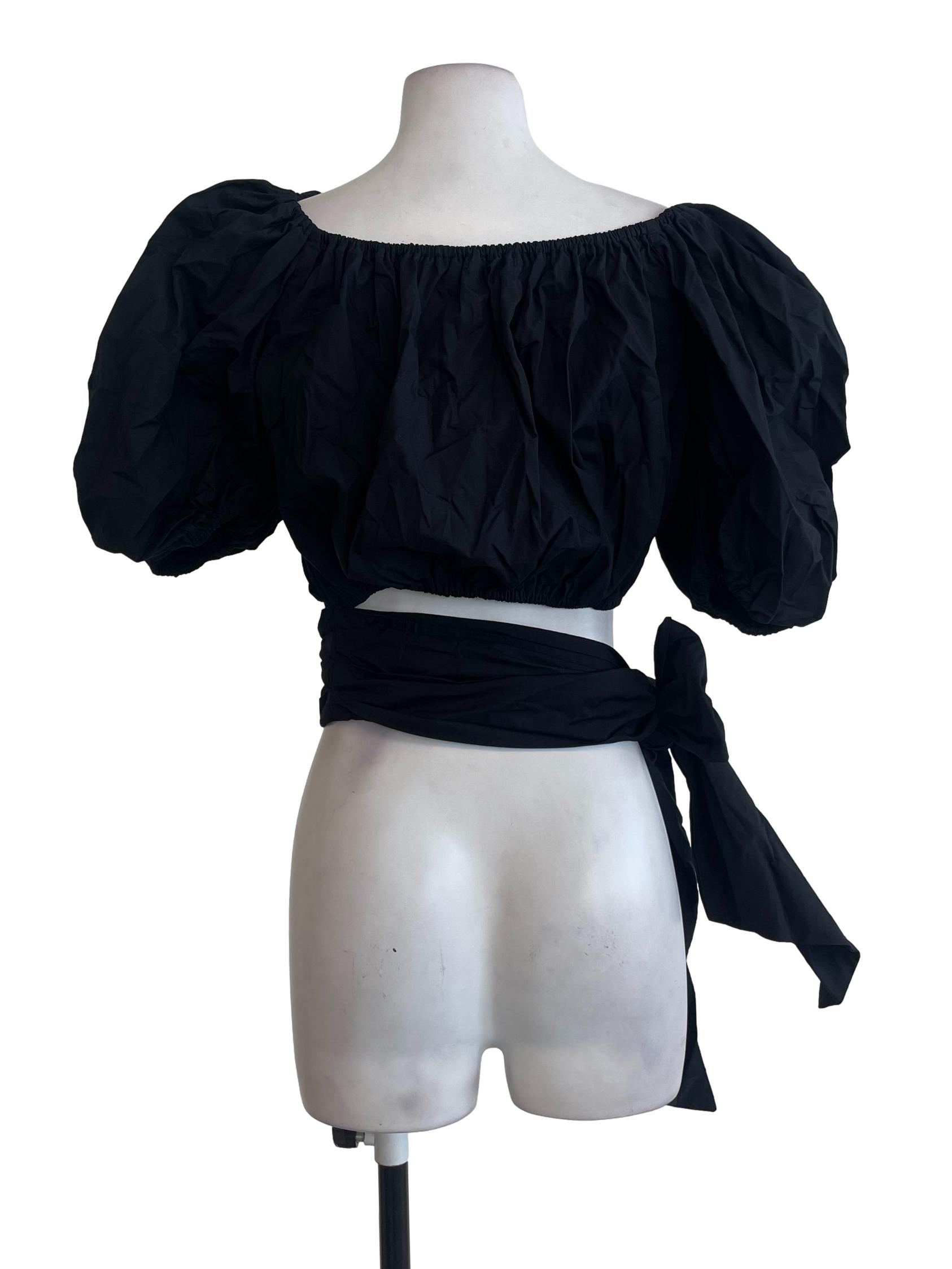 Black Bubble Waist Wrap Cropped Top