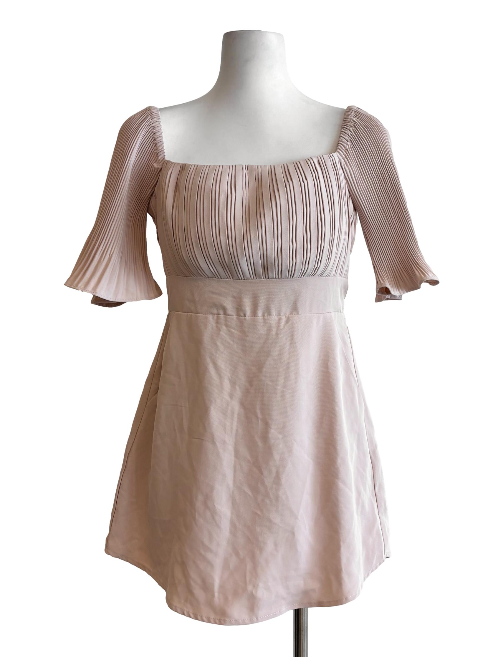Nude Pink Square Neck Pleated Dress