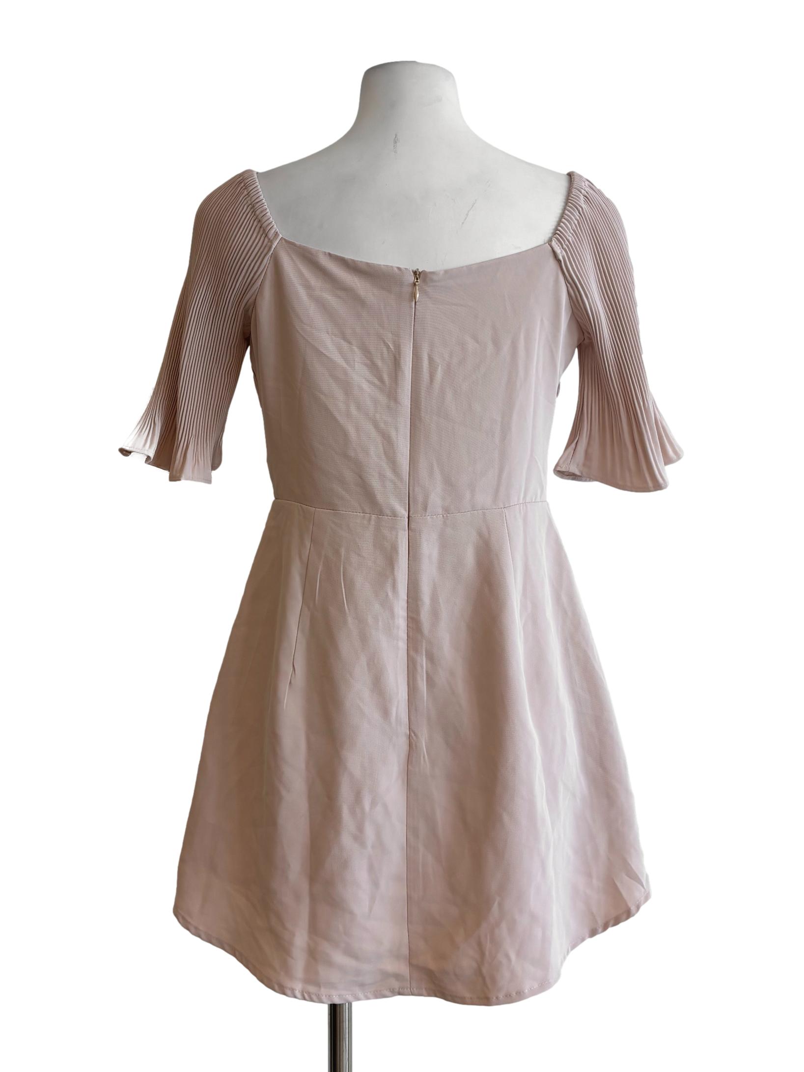 Nude Pink Square Neck Pleated Dress