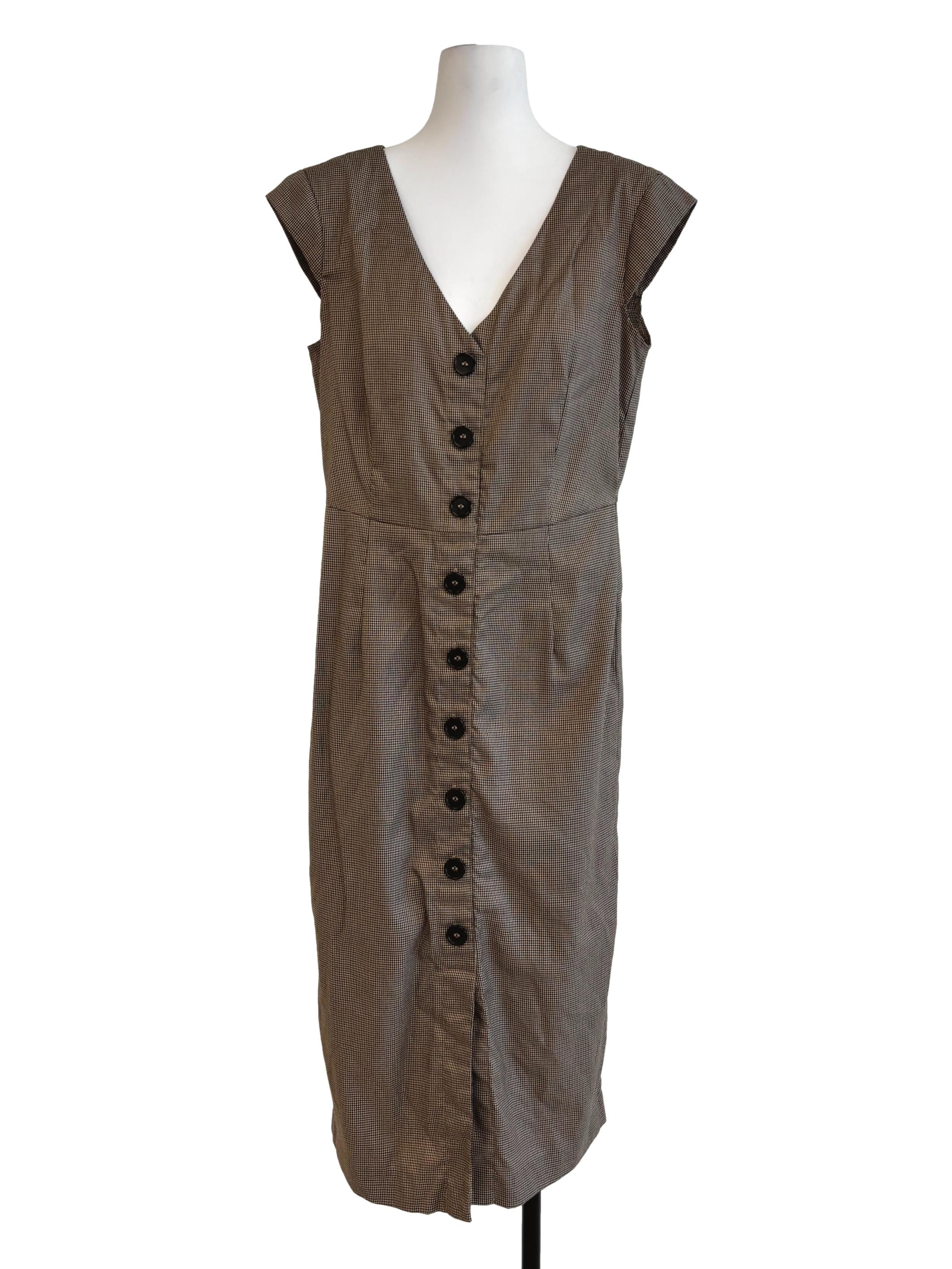 Coffee Brown Buttoned Houndstooth Dress