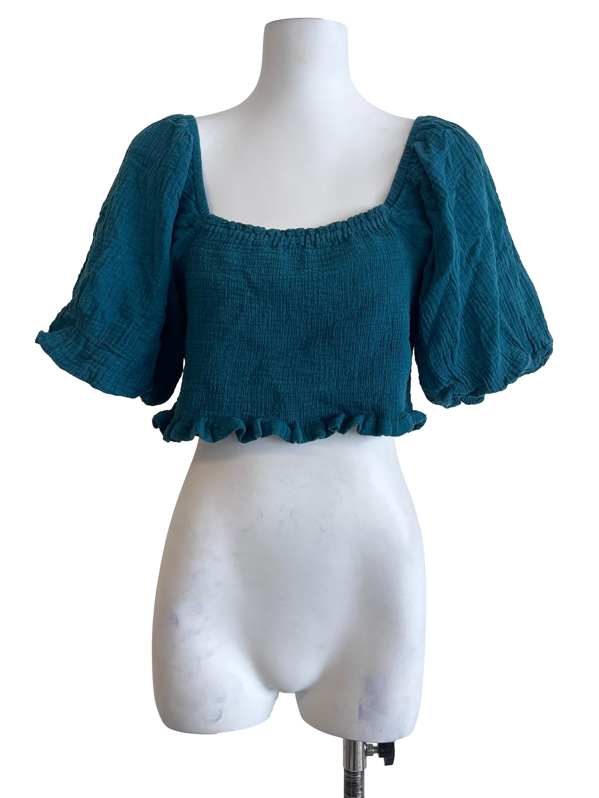 Emerald Green Straight Across Puff Sleeve Top