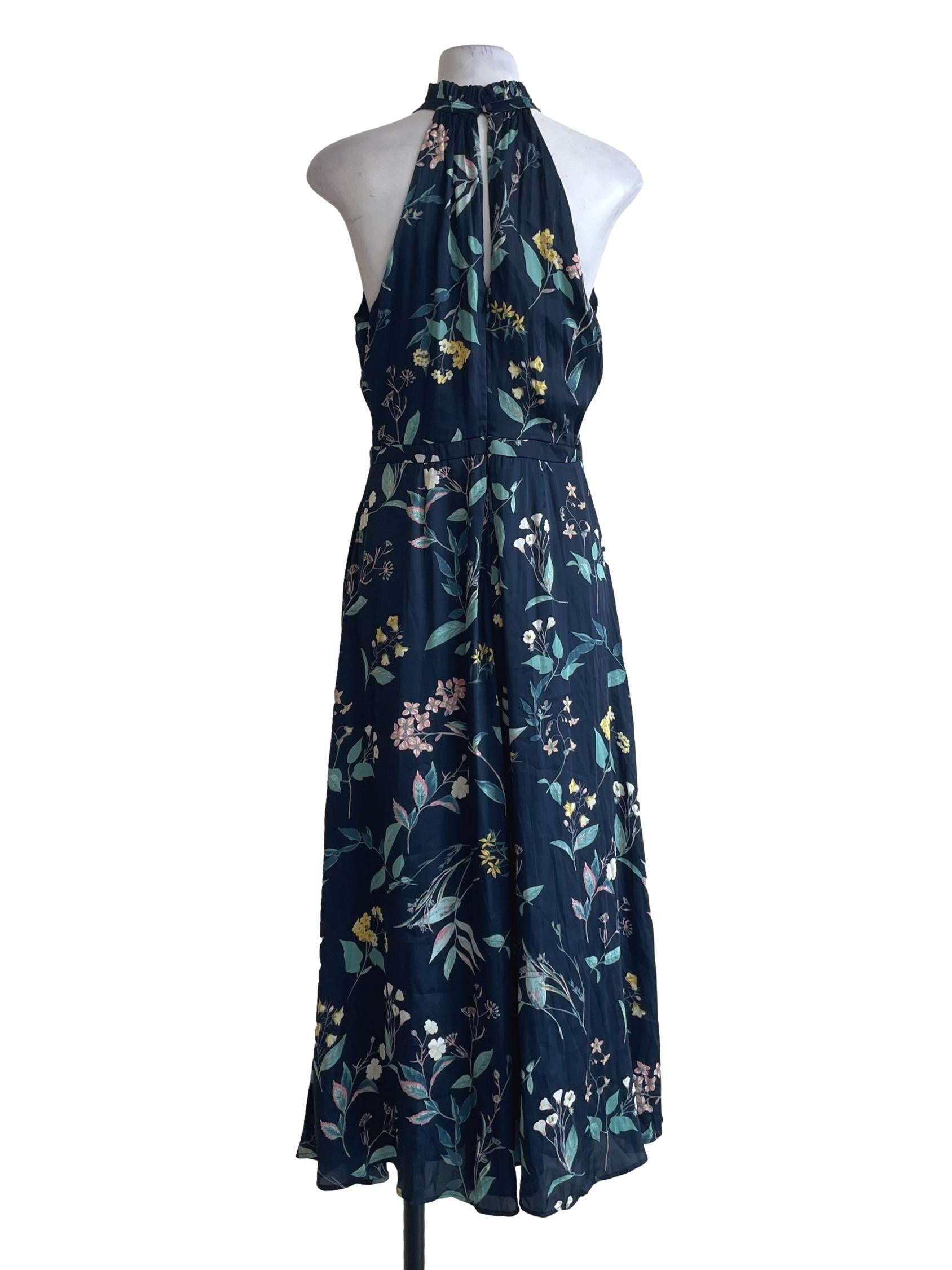 Navy Blue Floral Halter Neck Dress