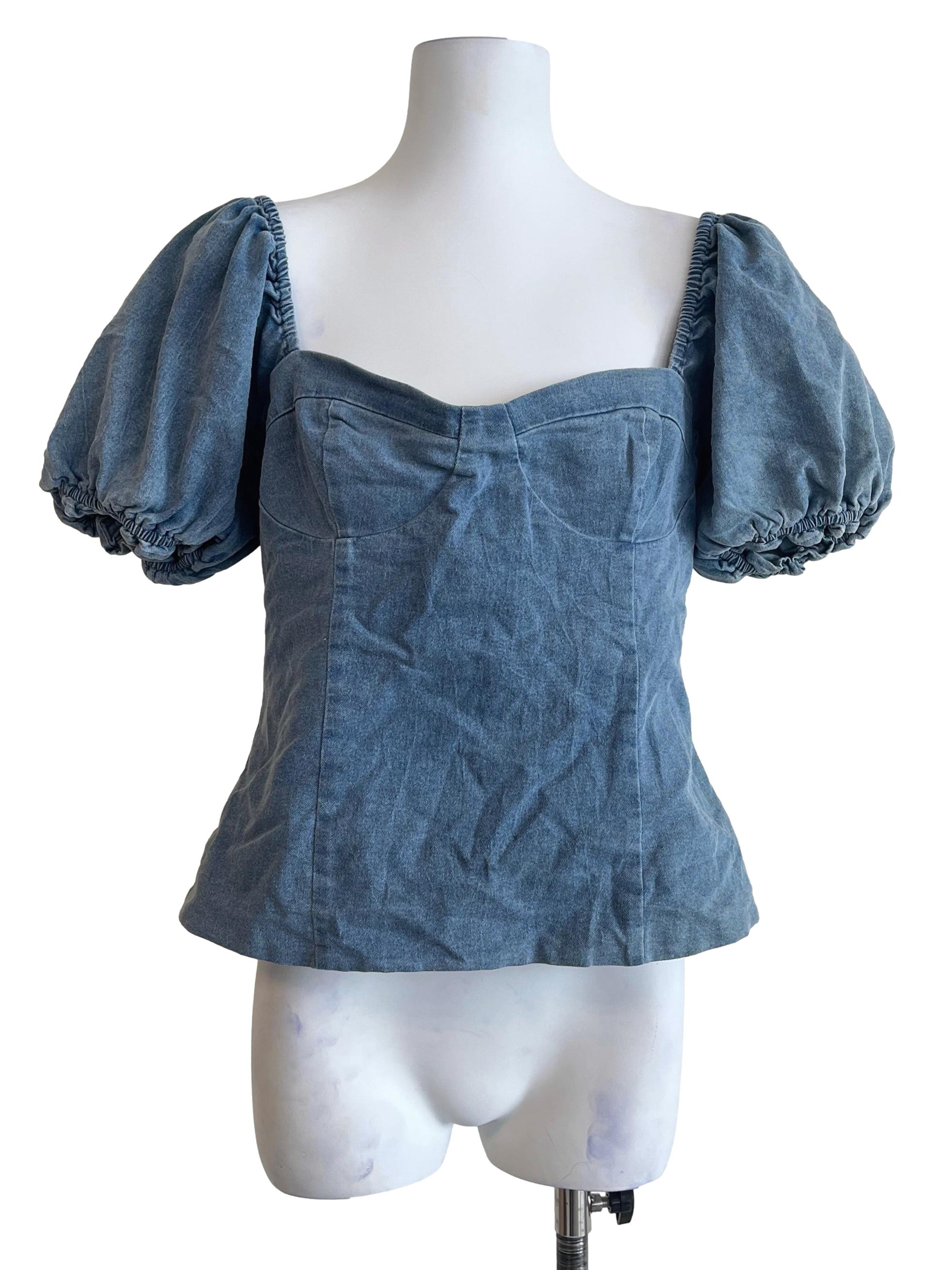 Stone Blue Sweetheart Puff Sleeve Top LB