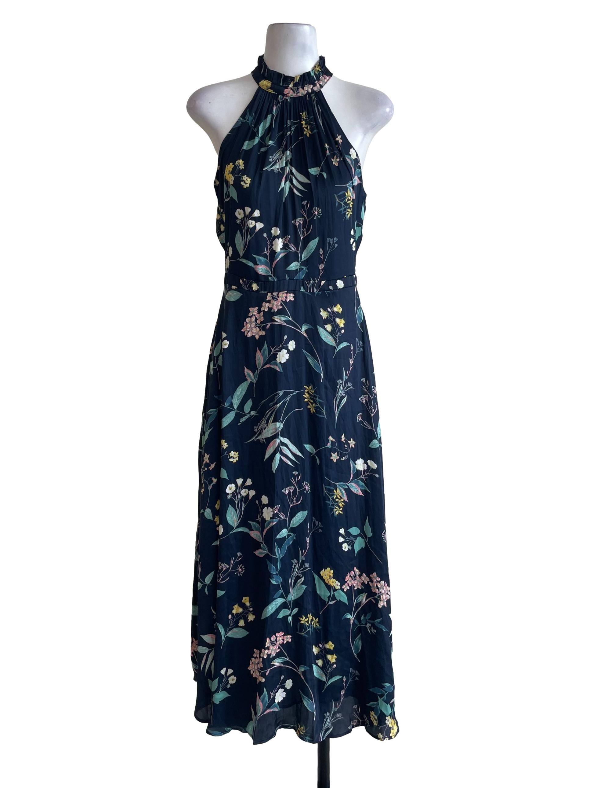 Navy Blue Floral Halter Neck Dress