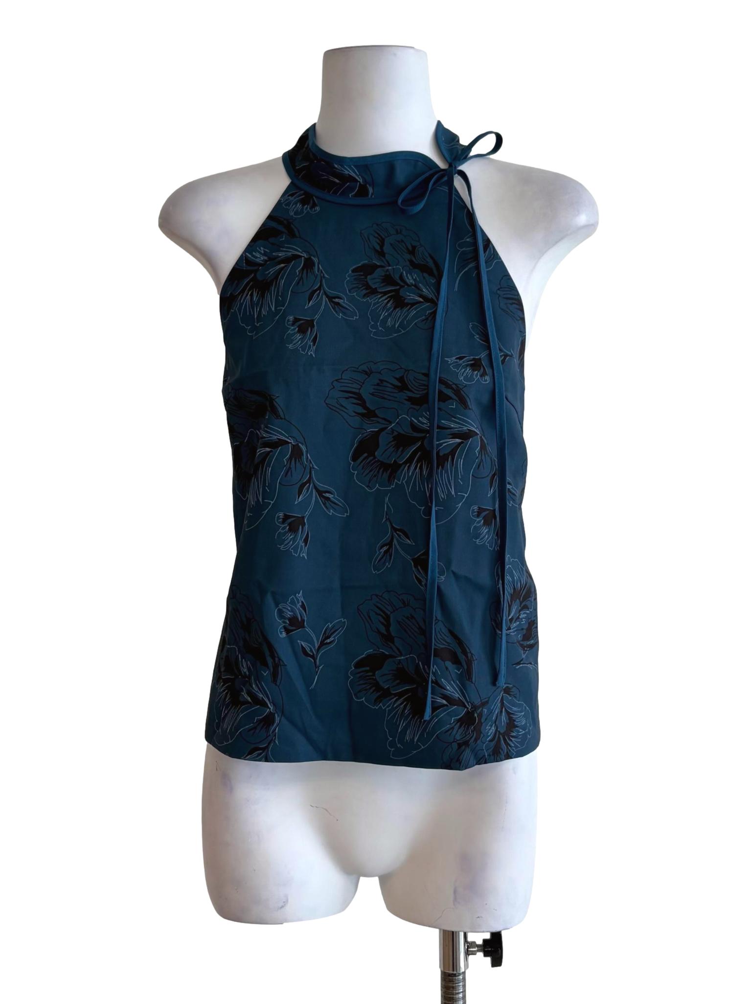 Teal Blue Floral Pattern Halter Neckline Top