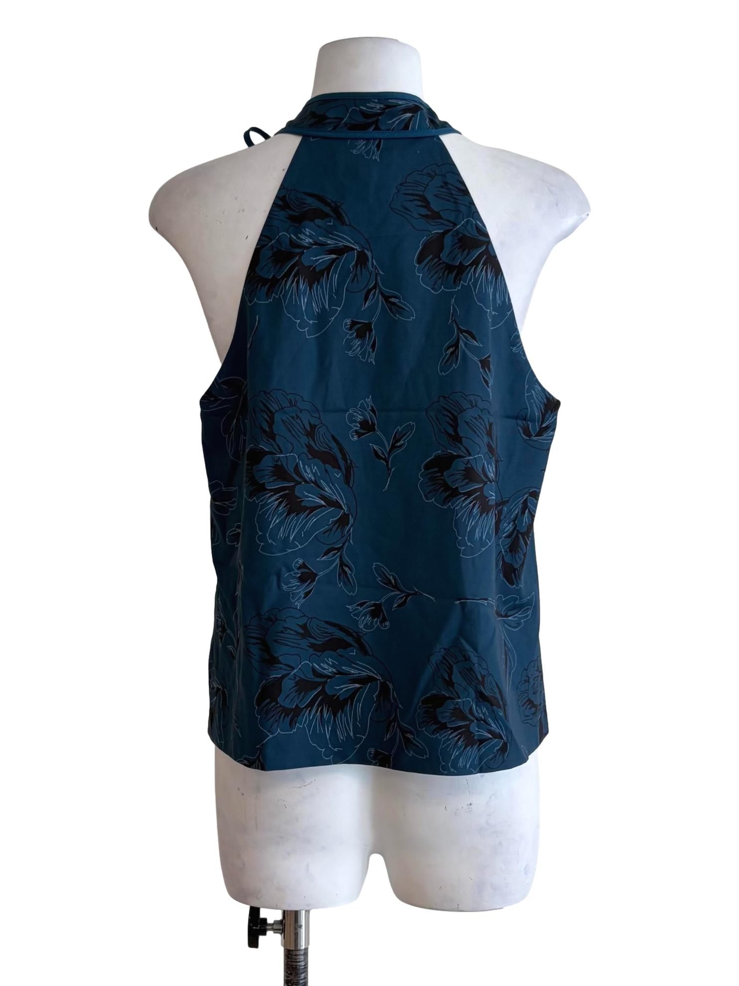 Teal Blue Floral Pattern Halter Neckline Top