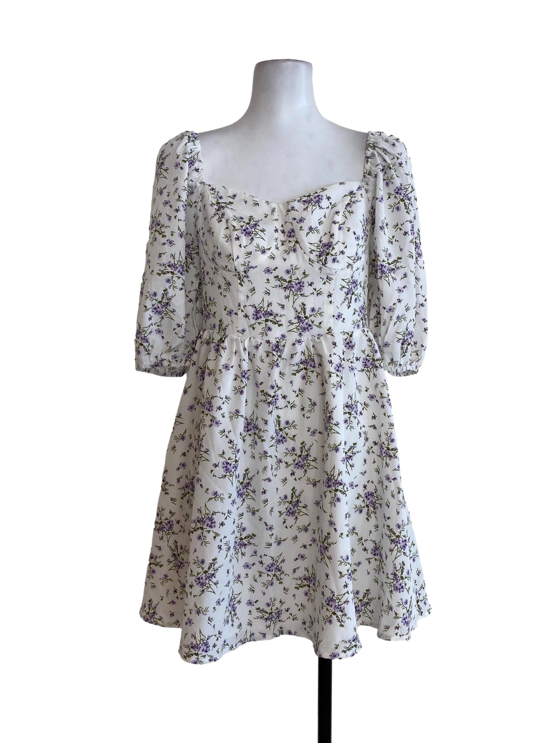 White Purple Floral Blouson Dress