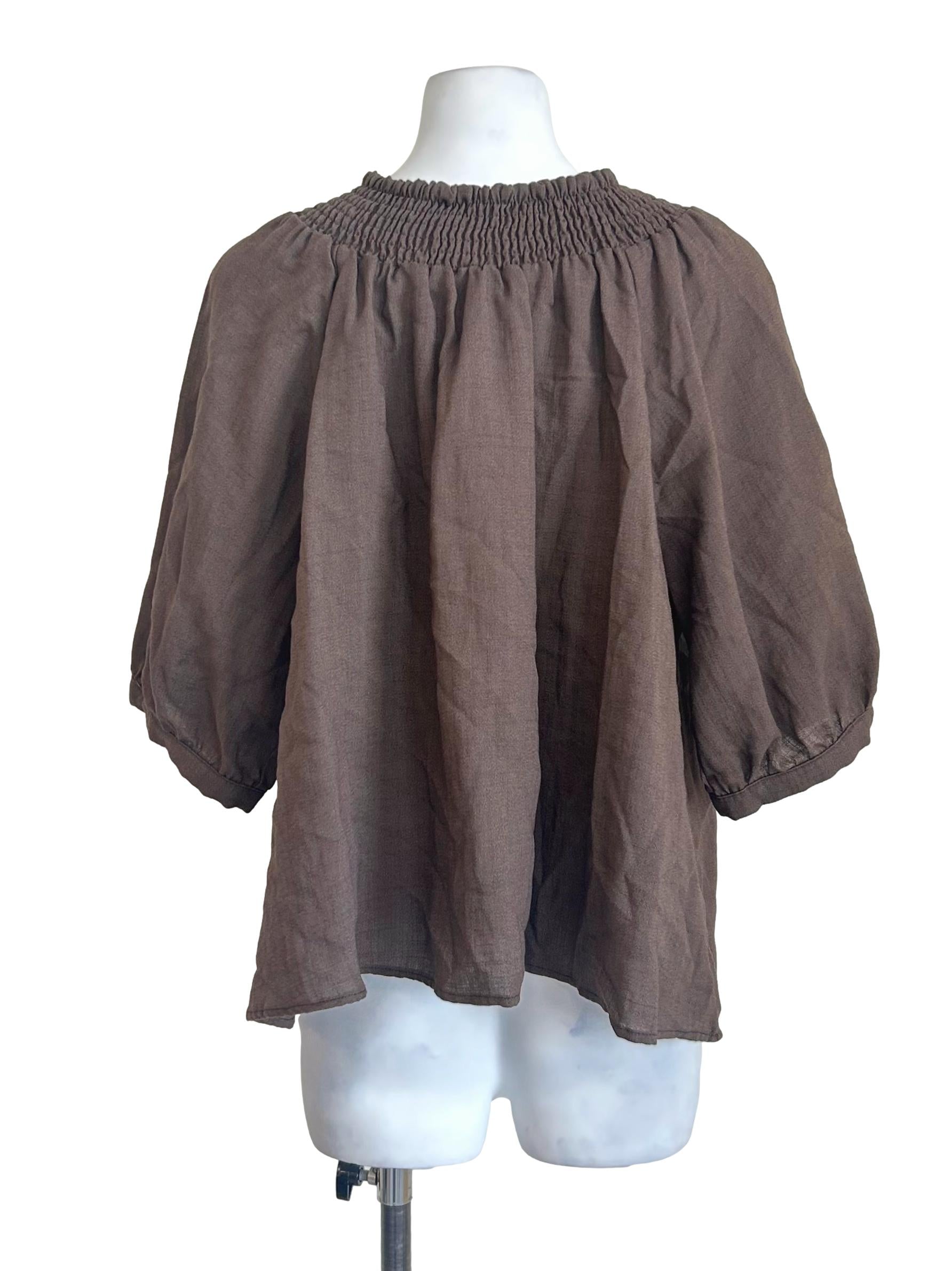 Cedar Brown Smocked Neck Blouse