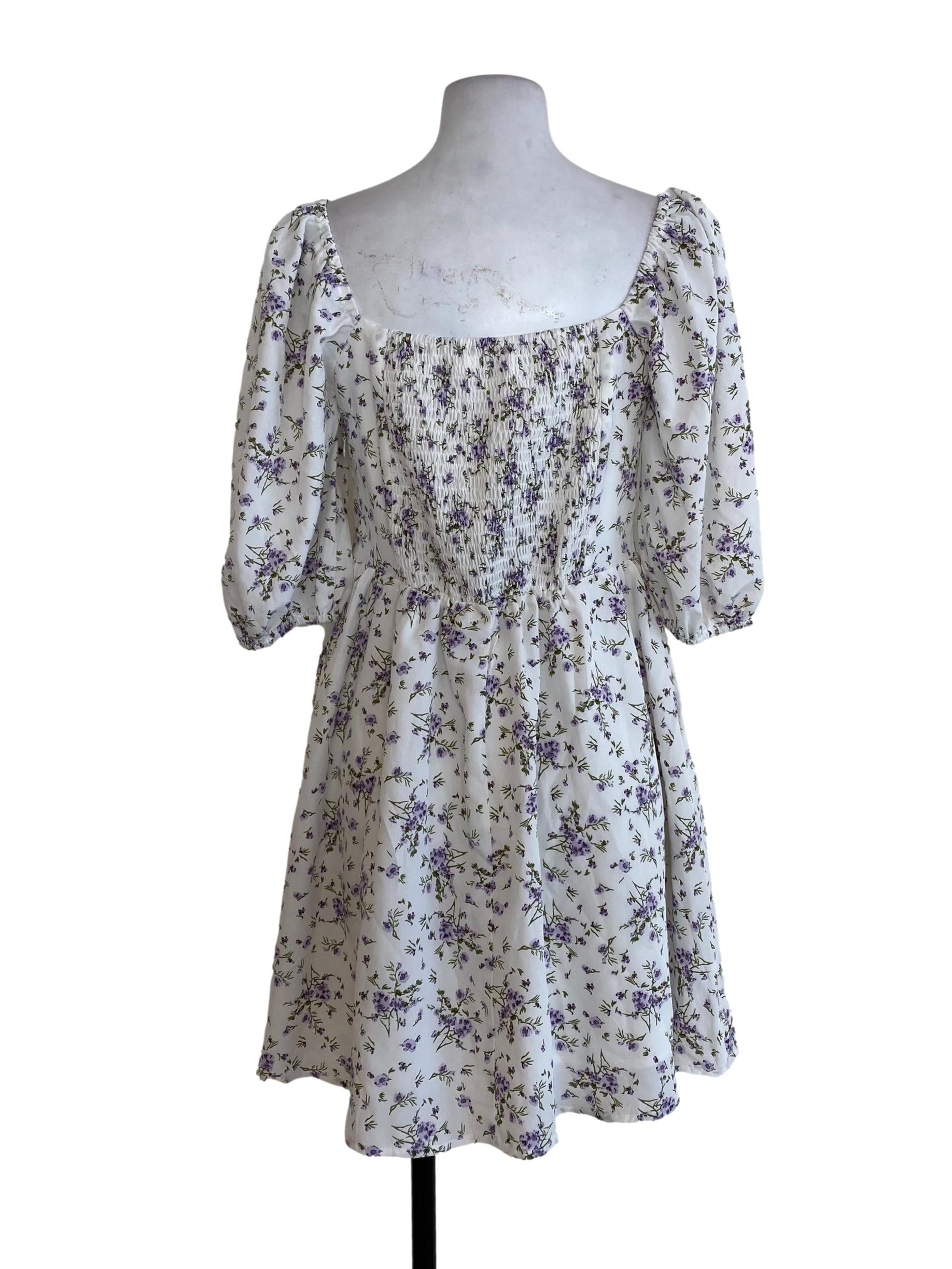 White Purple Floral Blouson Dress