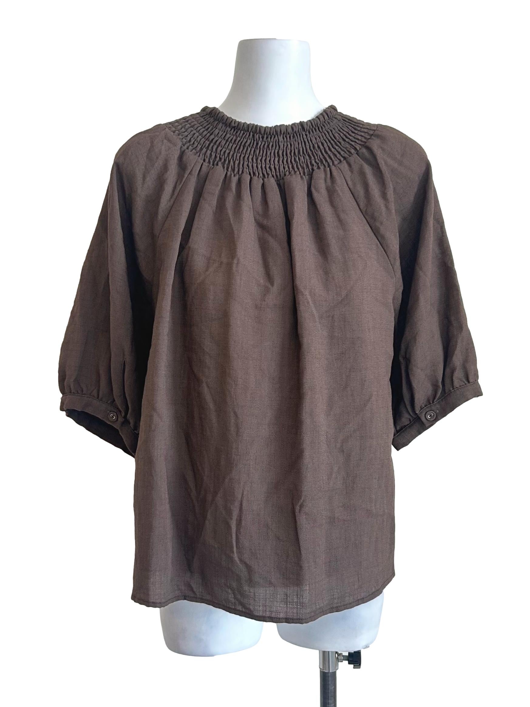 Cedar Brown Smocked Neck Blouse