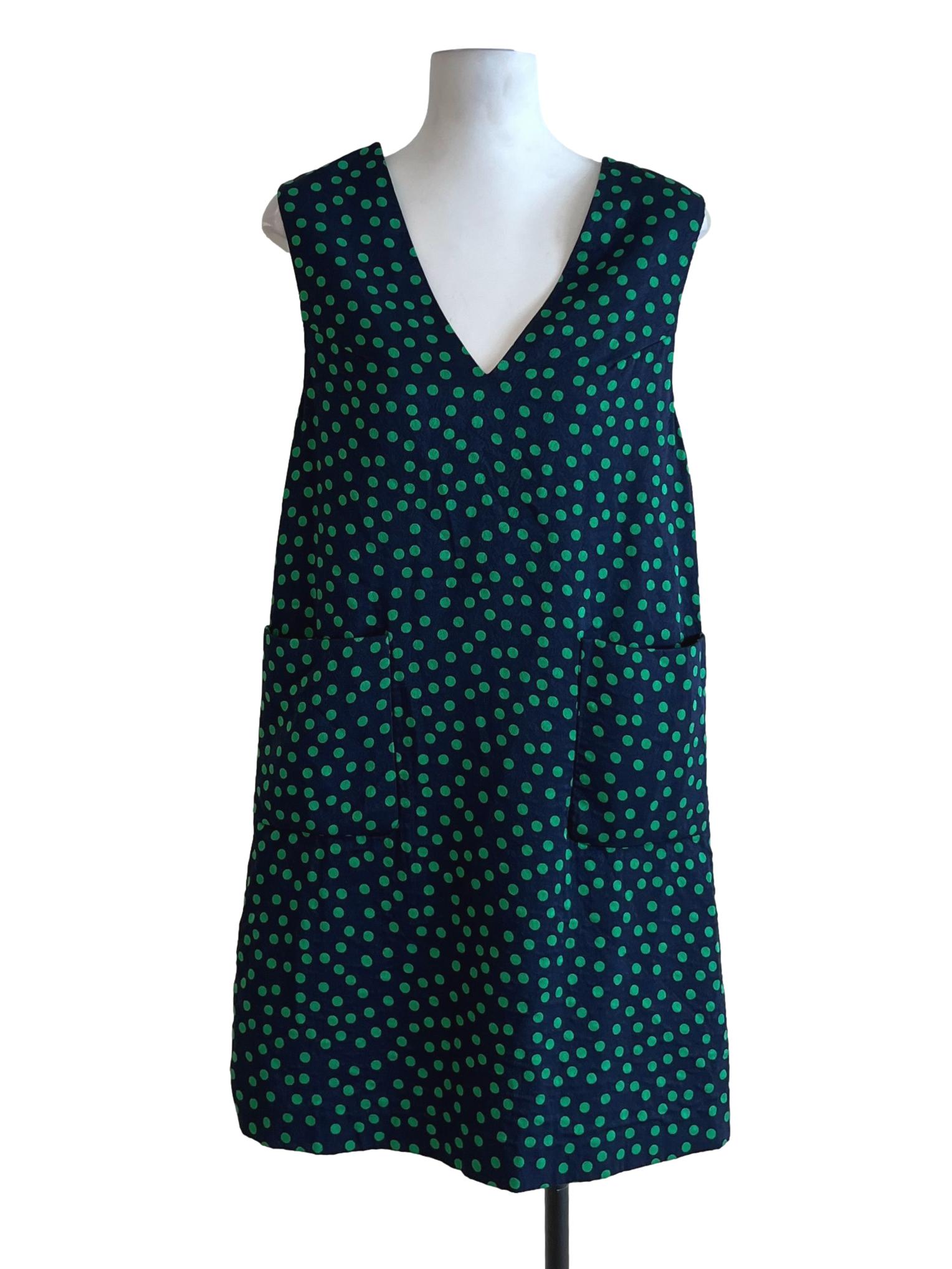 Navy Blue Green Polka Dot Shift Dress