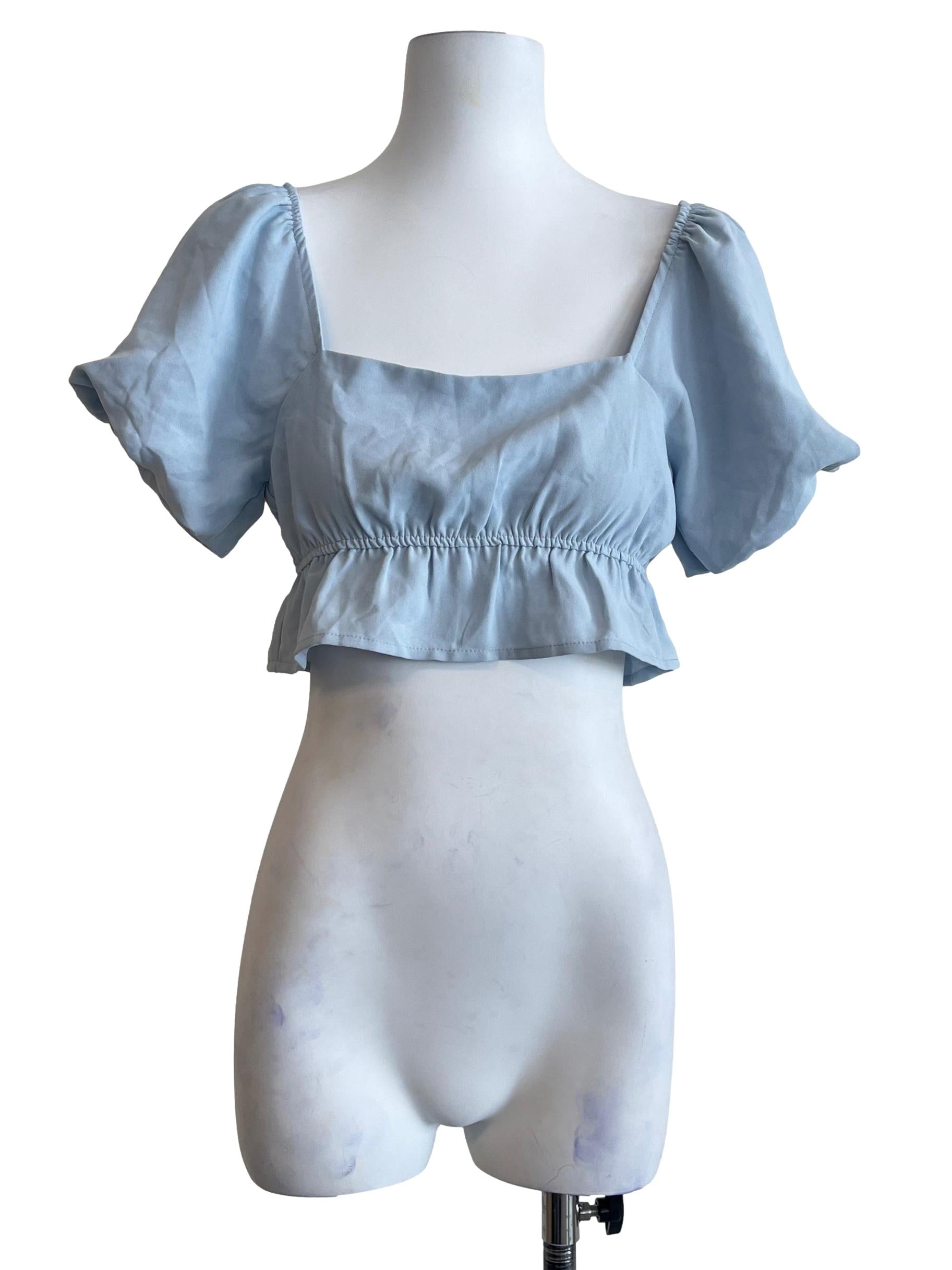Sky Blue Straight Across Puff Sleeve Top