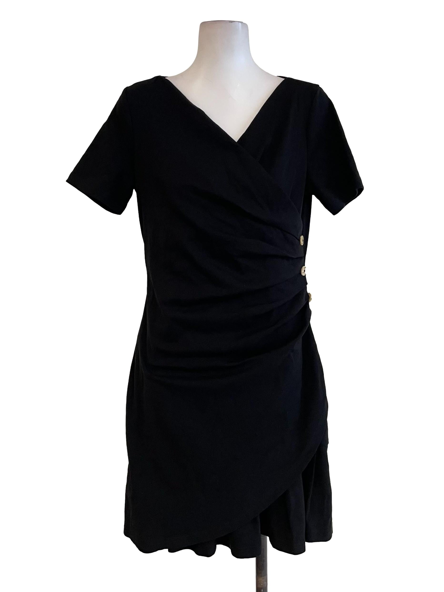 Black Draped Button Dress