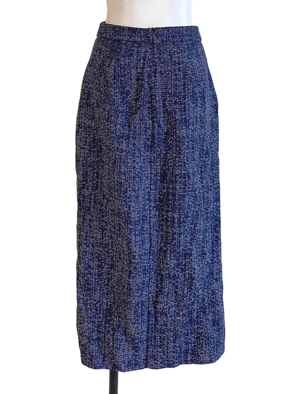 Navy Blue Boucle High Waisted Slit Tweed Skirt