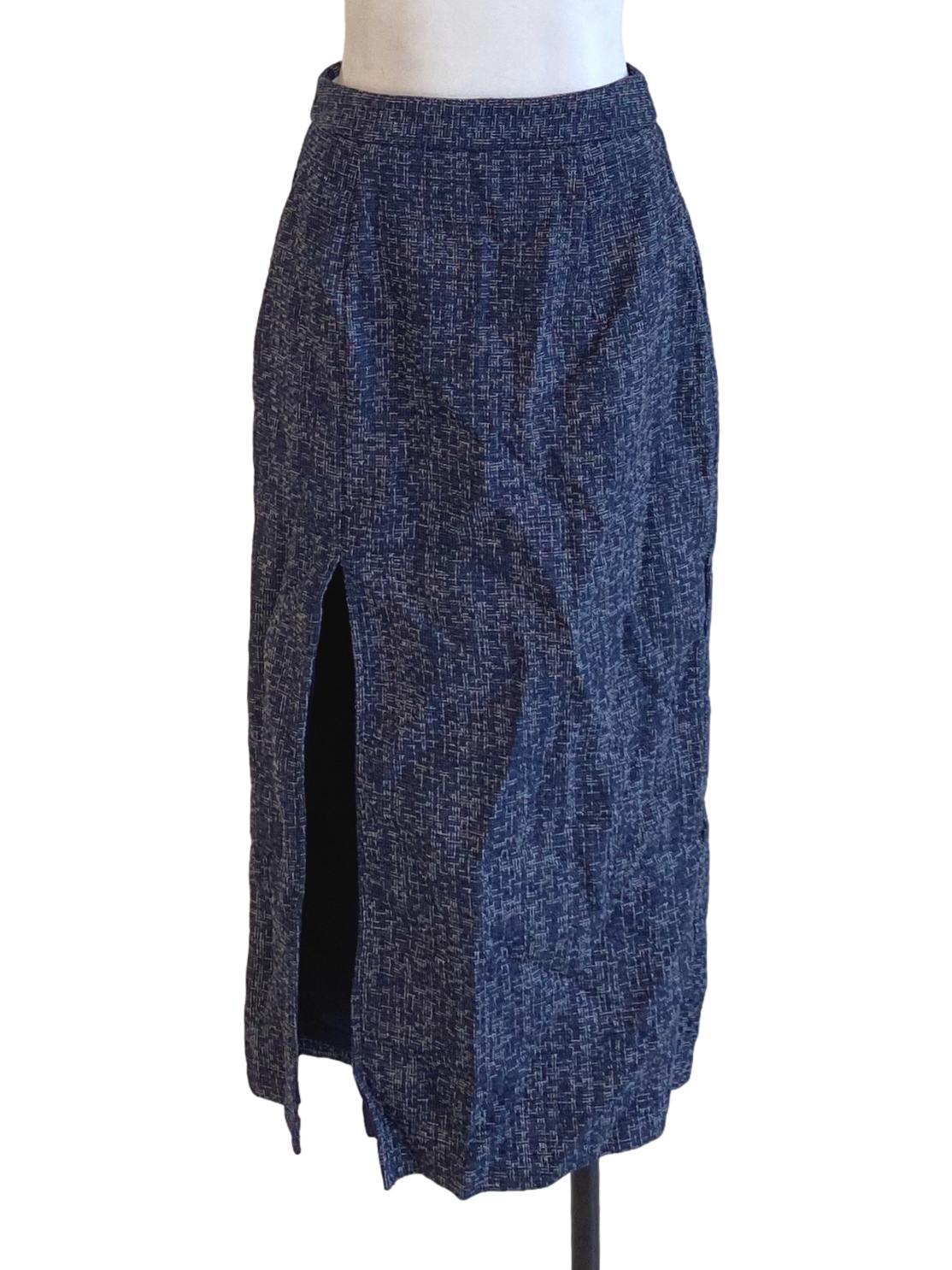 Navy Blue Boucle High Waisted Slit Tweed Skirt