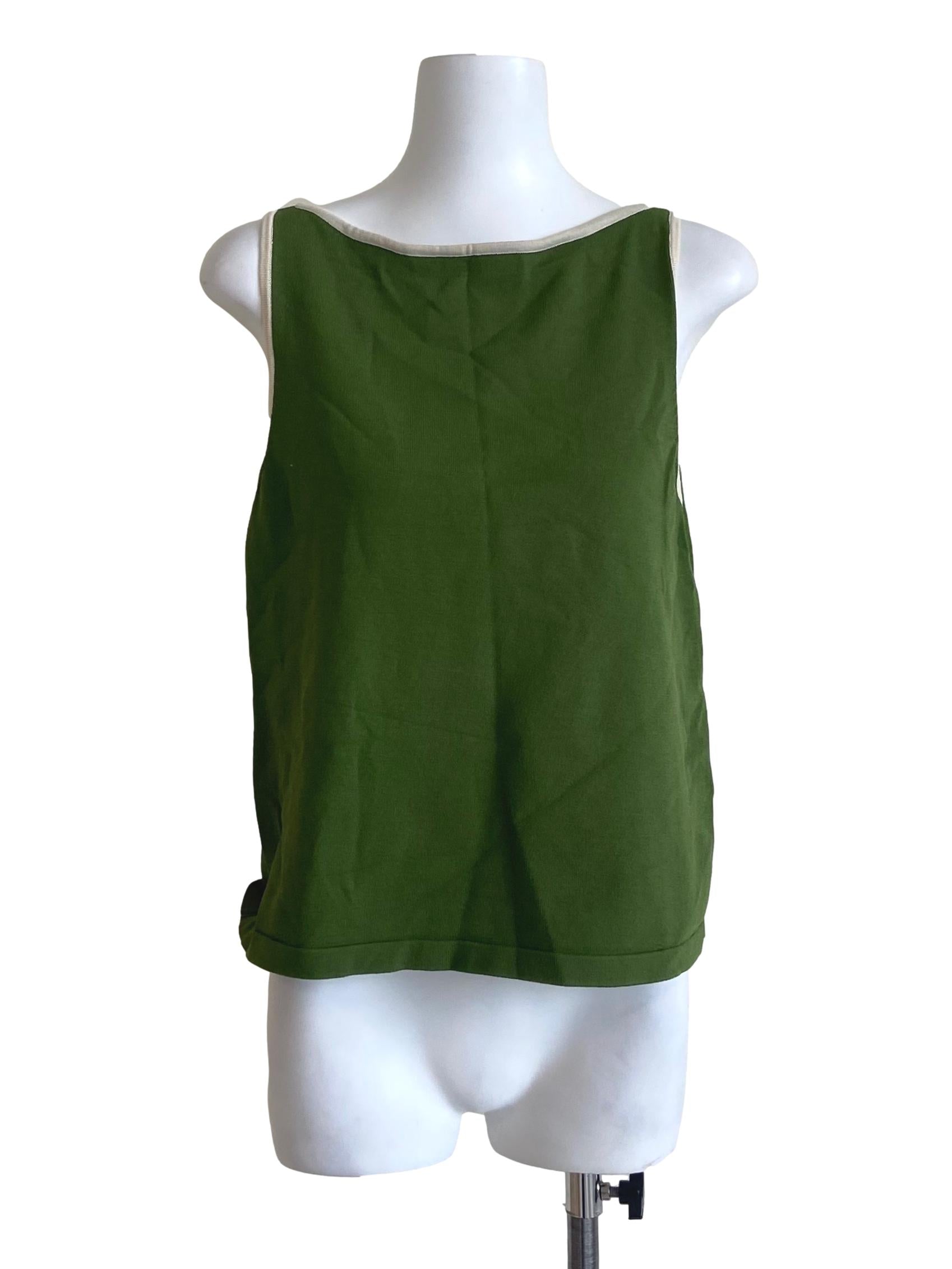 Green Sleeveless Jewel Neck Twill Top