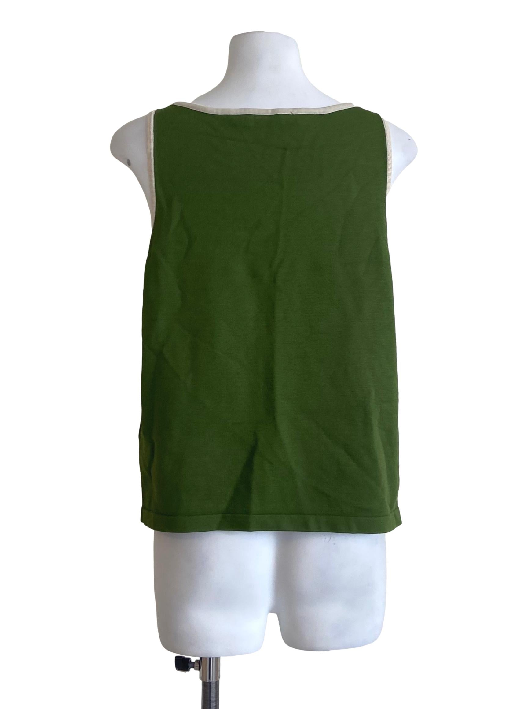 Green Sleeveless Jewel Neck Twill Top