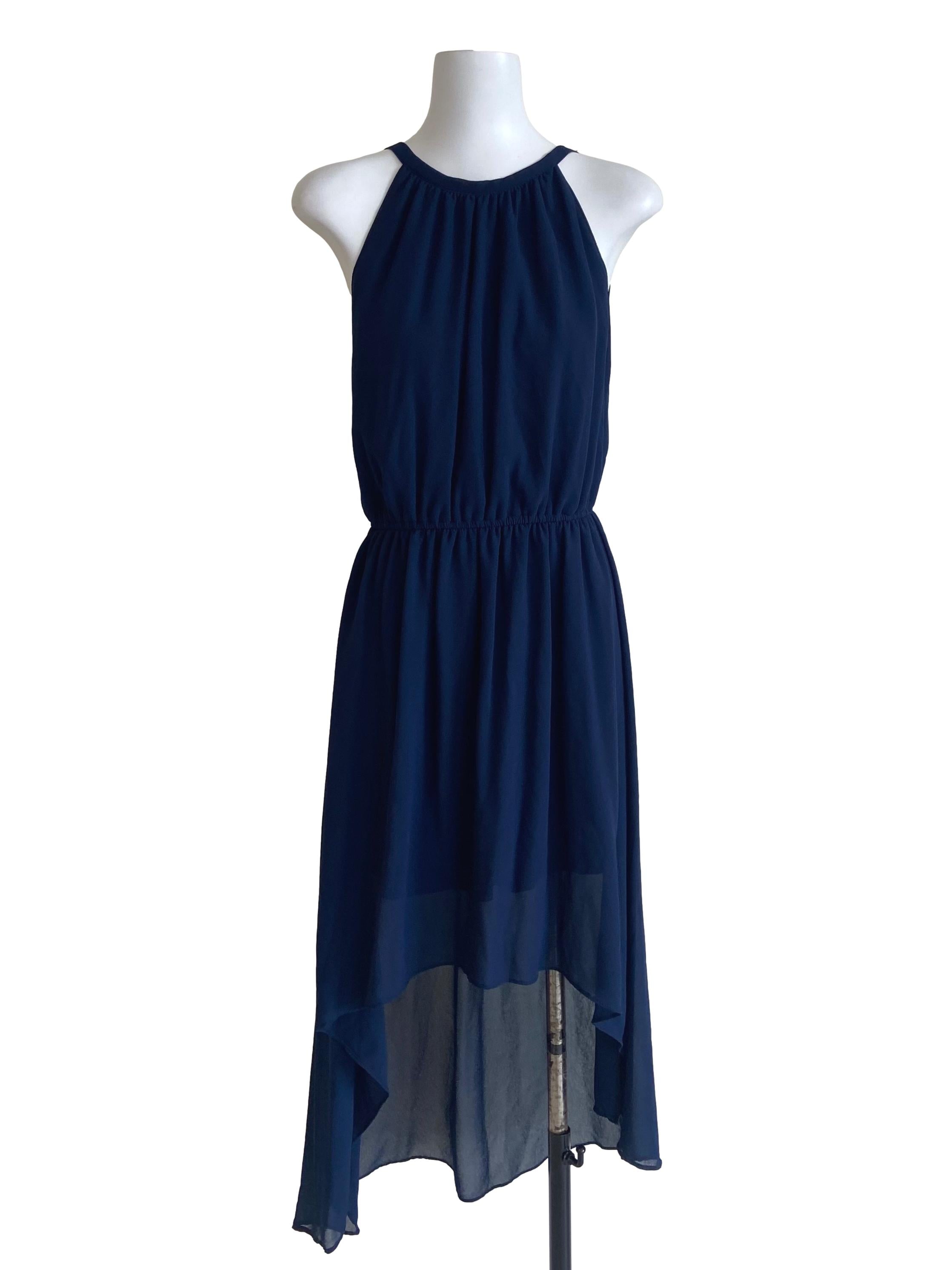 Navy Blue Halter Neck Asymmetric Pegged Dress