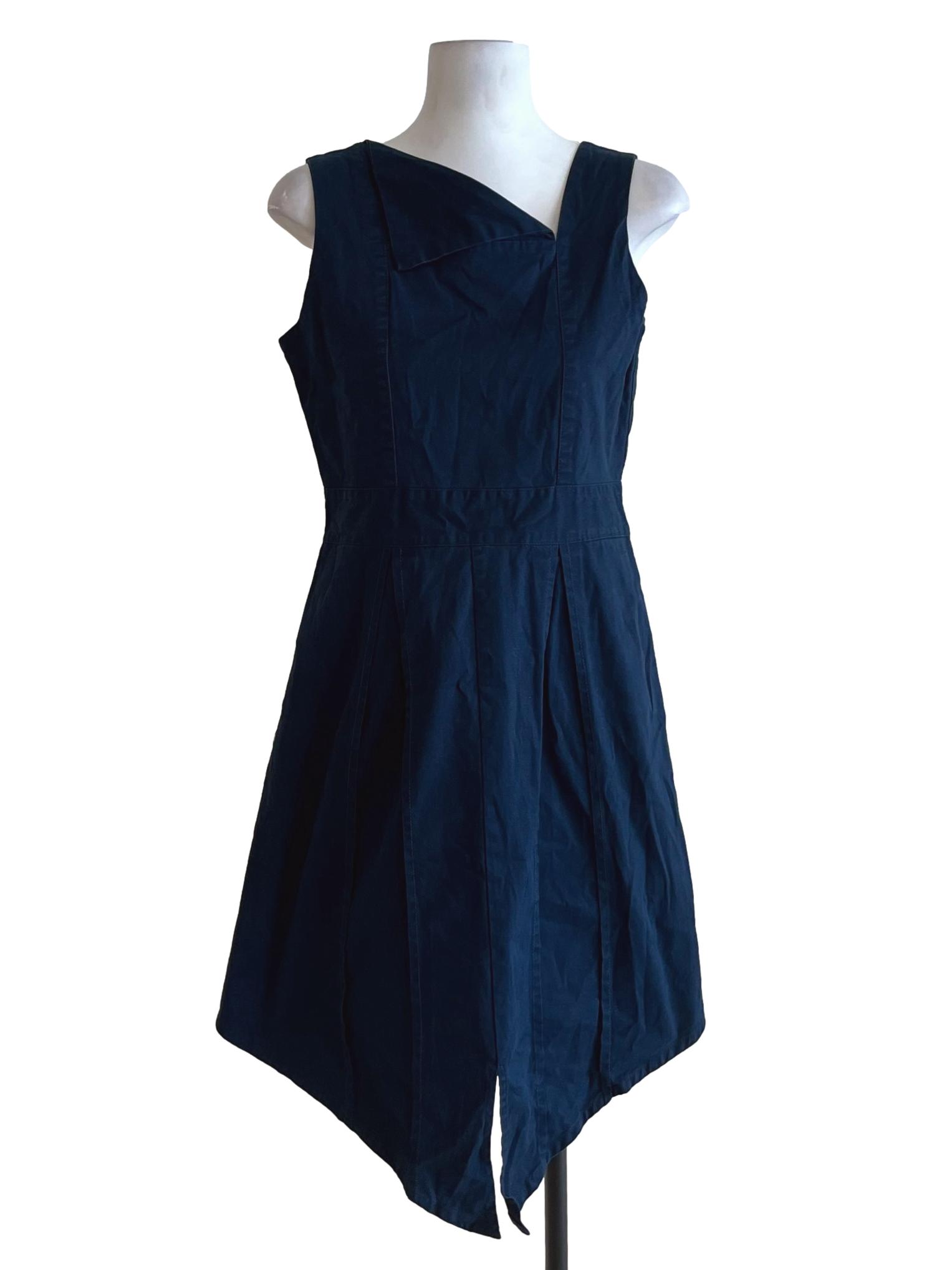 Navy Blue Asymmetrical Neckline A-Line Dress