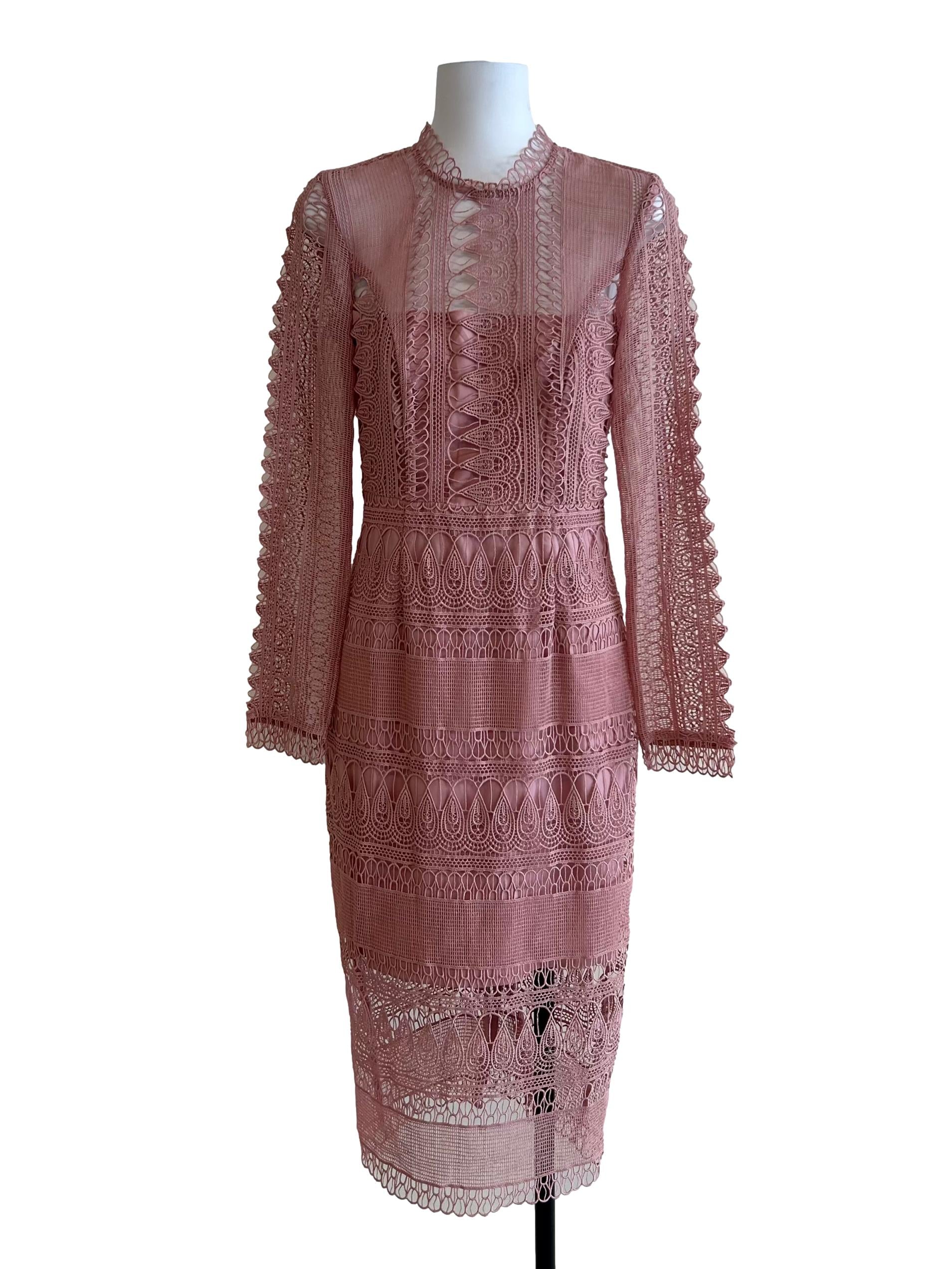 Rose Pink Eyelet Long Sleeves Dress