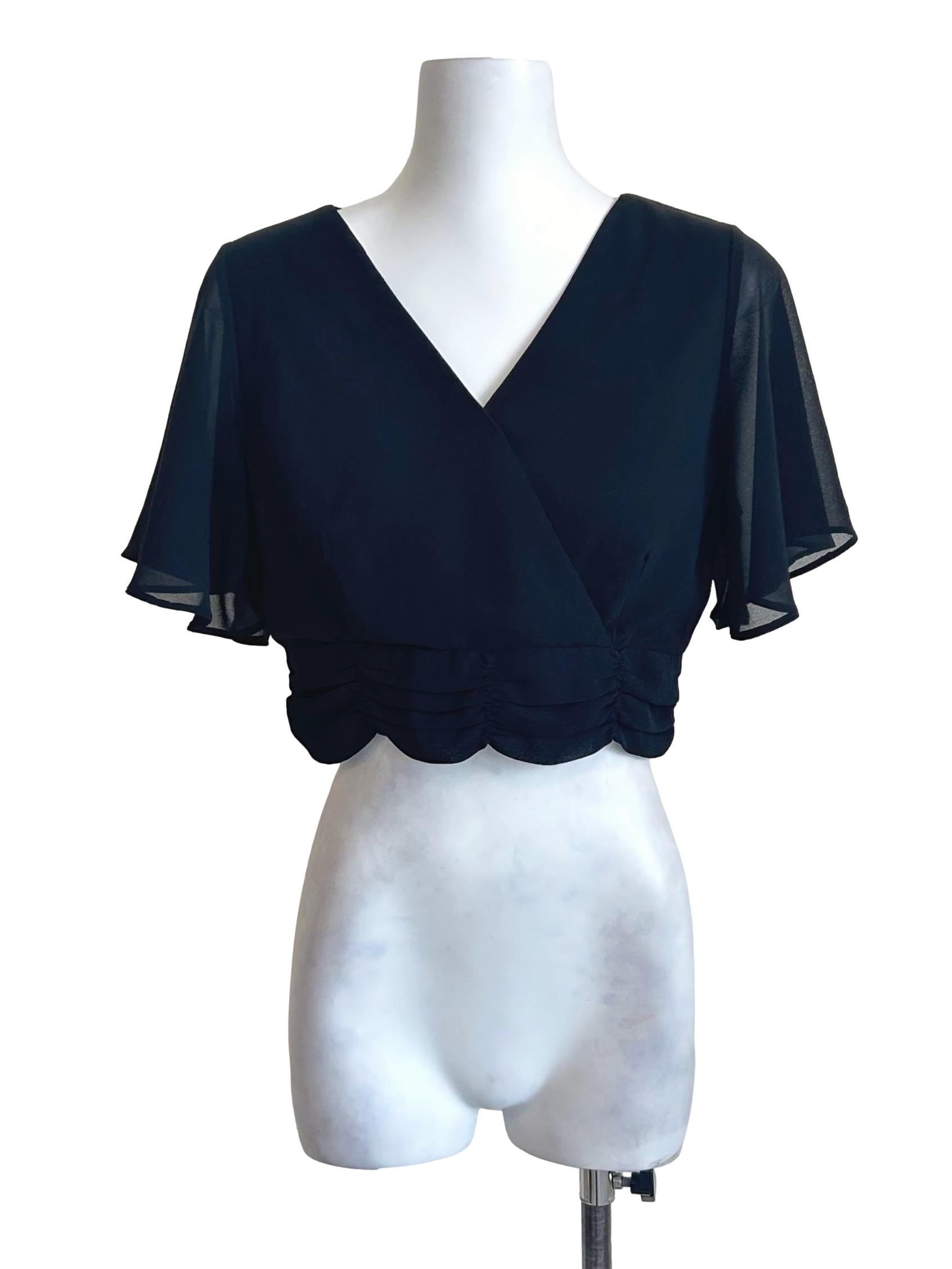 Black Scalloped Hem Wrap Crop Top