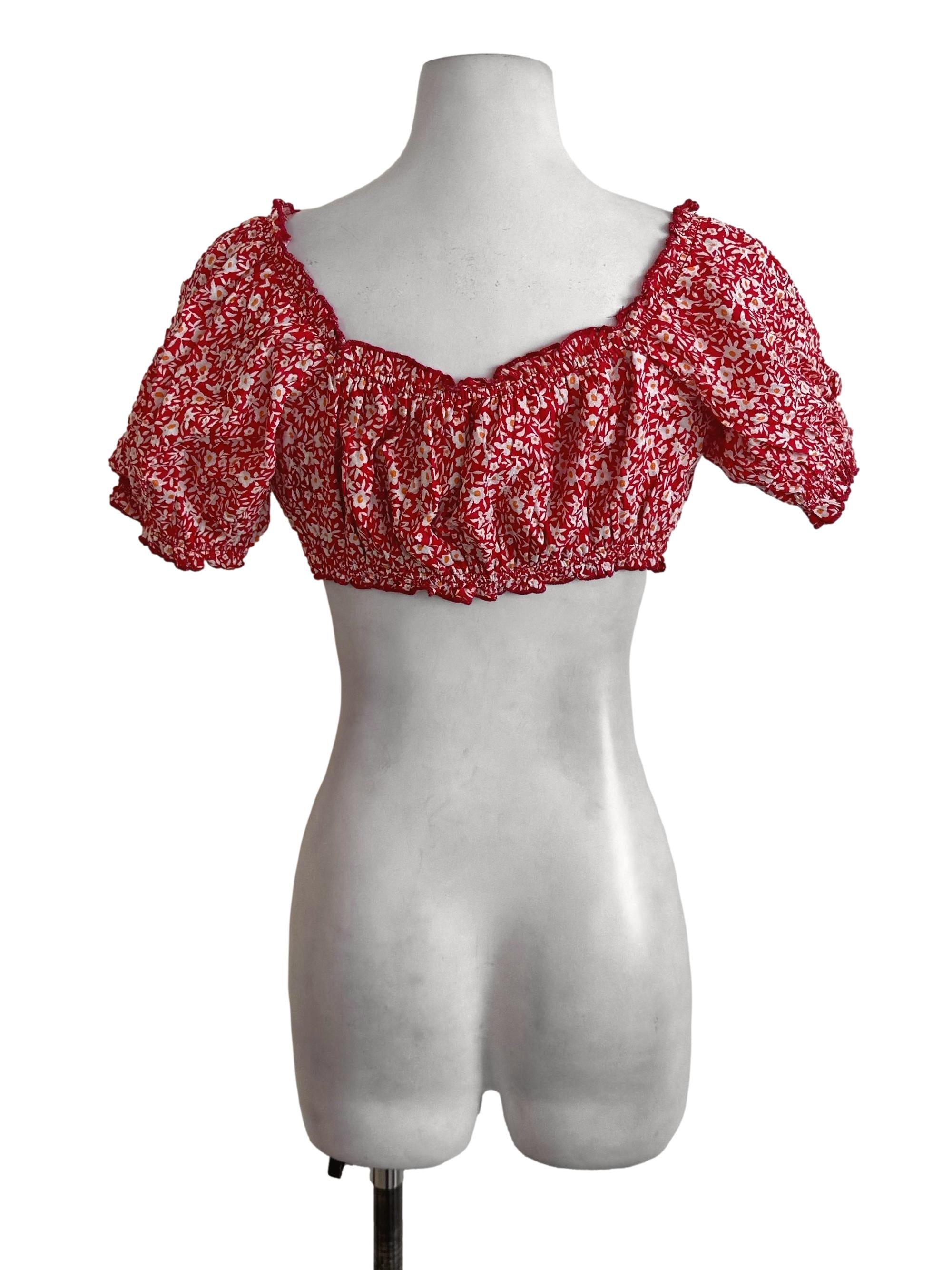 Ruby Red Floral Cropped Puffed Top