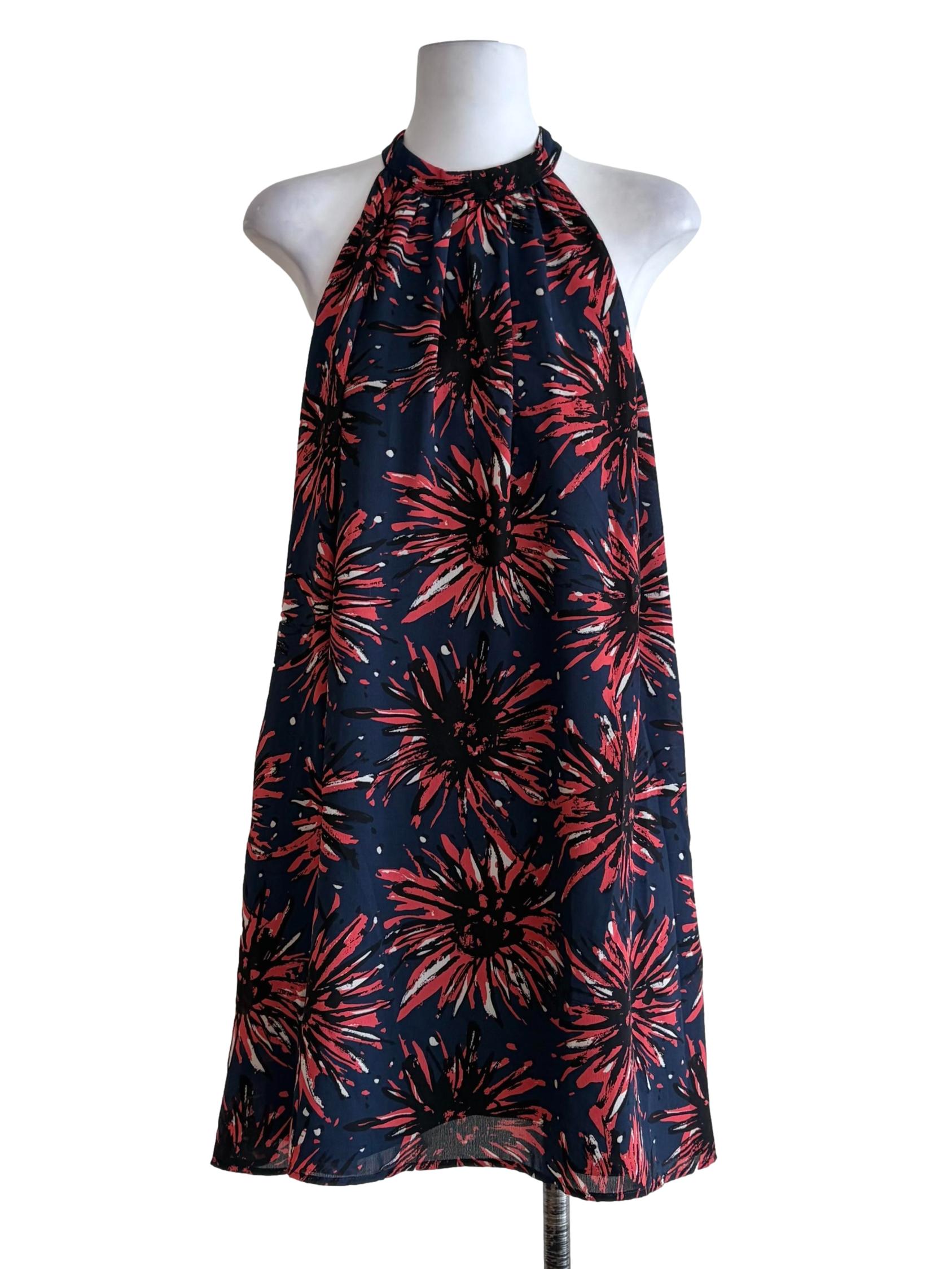Midnight Blue Red Flower Pattern Halter Dress